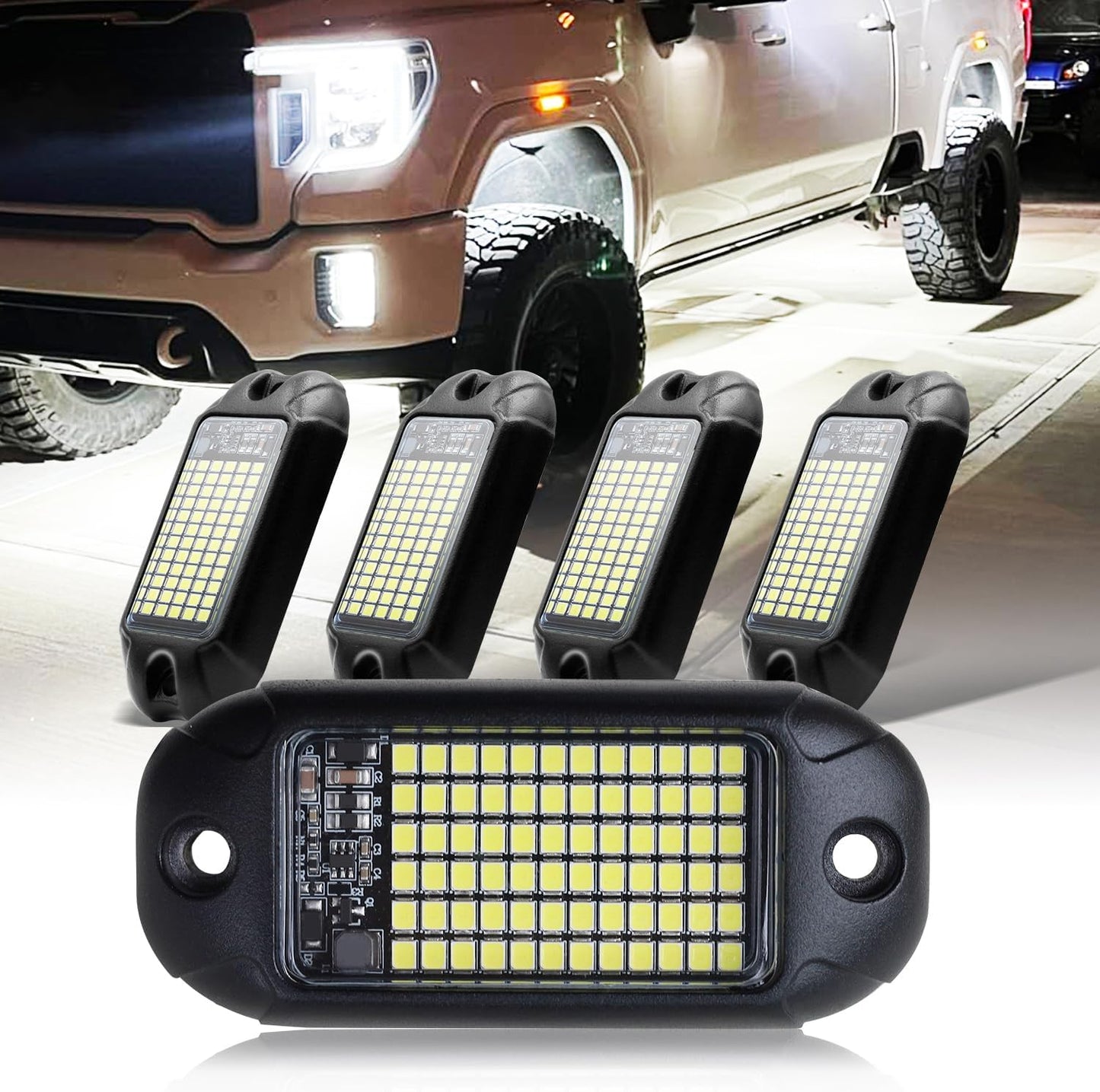 Nicoko 4Pods Pure White 72 Leds SMD Chips 72w High Power Rock Lights Super Bright White Offroad Car Boat Underglow Lights IP68 Waterproof for Truck SUV UTV ATV RZR