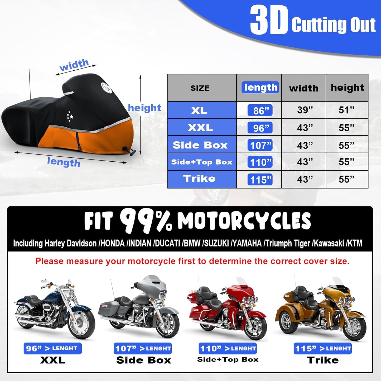 Motorcycle Cover Storage for Touring Models Harley Davidson Road King,Road Glide,Street Glide, Electra Glide,Heritage Classic,Low Rider-ST,and Most Motorcycles Orange