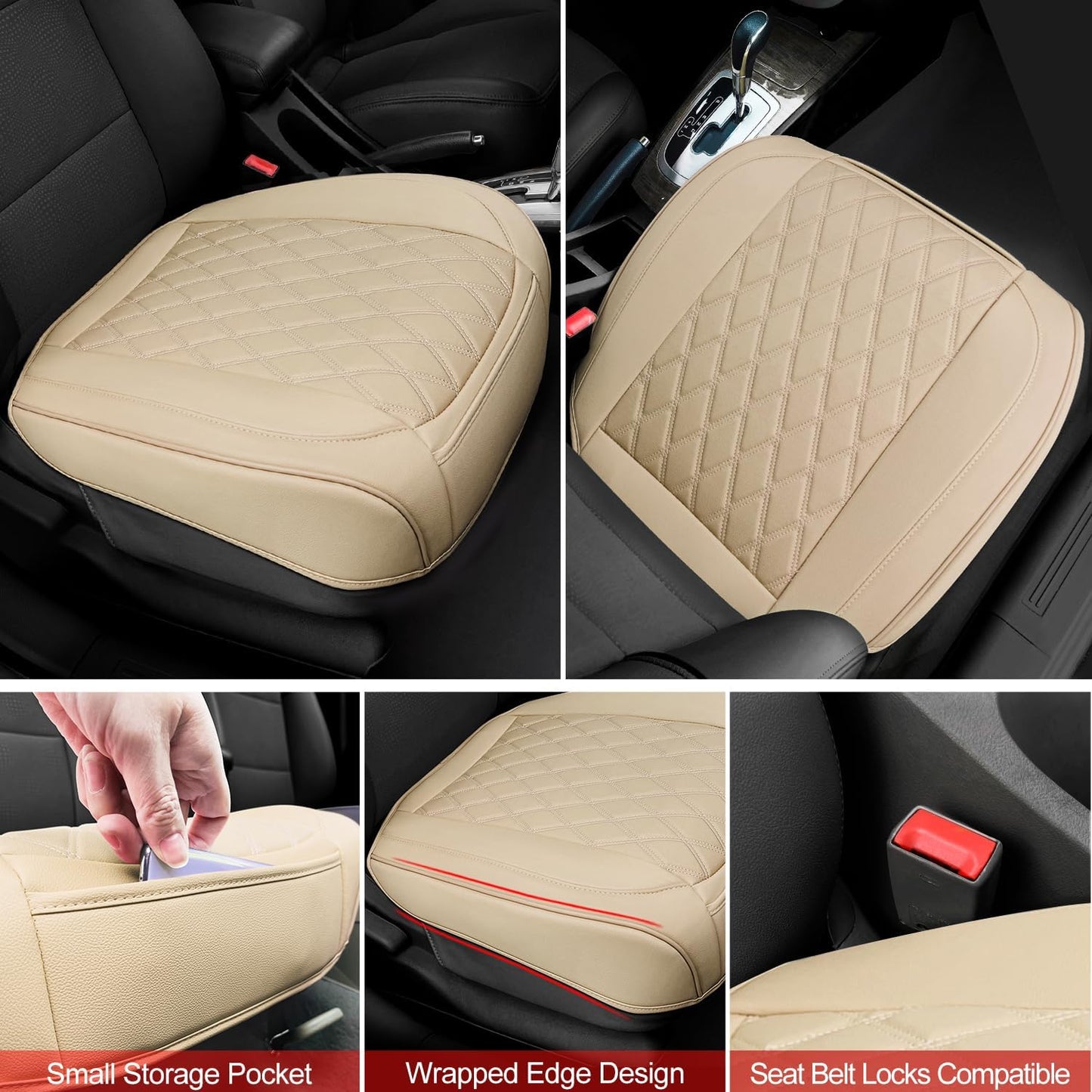 1 Pack Leather Front Car Seat Cover Bottom Car Seat, Anti-Slip and Full Wrap Driver Car Seat Protectors, Luxury Waterproof Bottom Auto Seat Cushion Pad Mat for Most Vehicles(Beige)