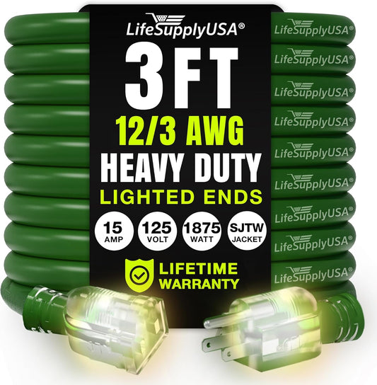 3ft Outdoor/Indoor Extension Cord 12/3 Gauge Extra Heavy Duty 3 Prong SJTW, Waterproof, Flexible Cold-Resistant Long Power Cord,15A 125V 1875W, Green by LifeSupplyUSA