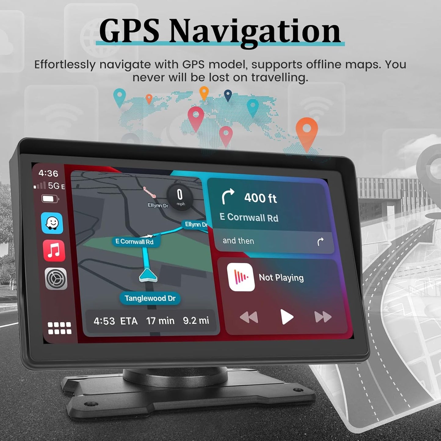 7 Inch Protable Apple Carplay Car Screen, Wireless Android Auto Dash Mount, Car GPS Navigation System with Mirror Link/Bluetooth/FM Transmitter/USB + 12LED Backup Camera