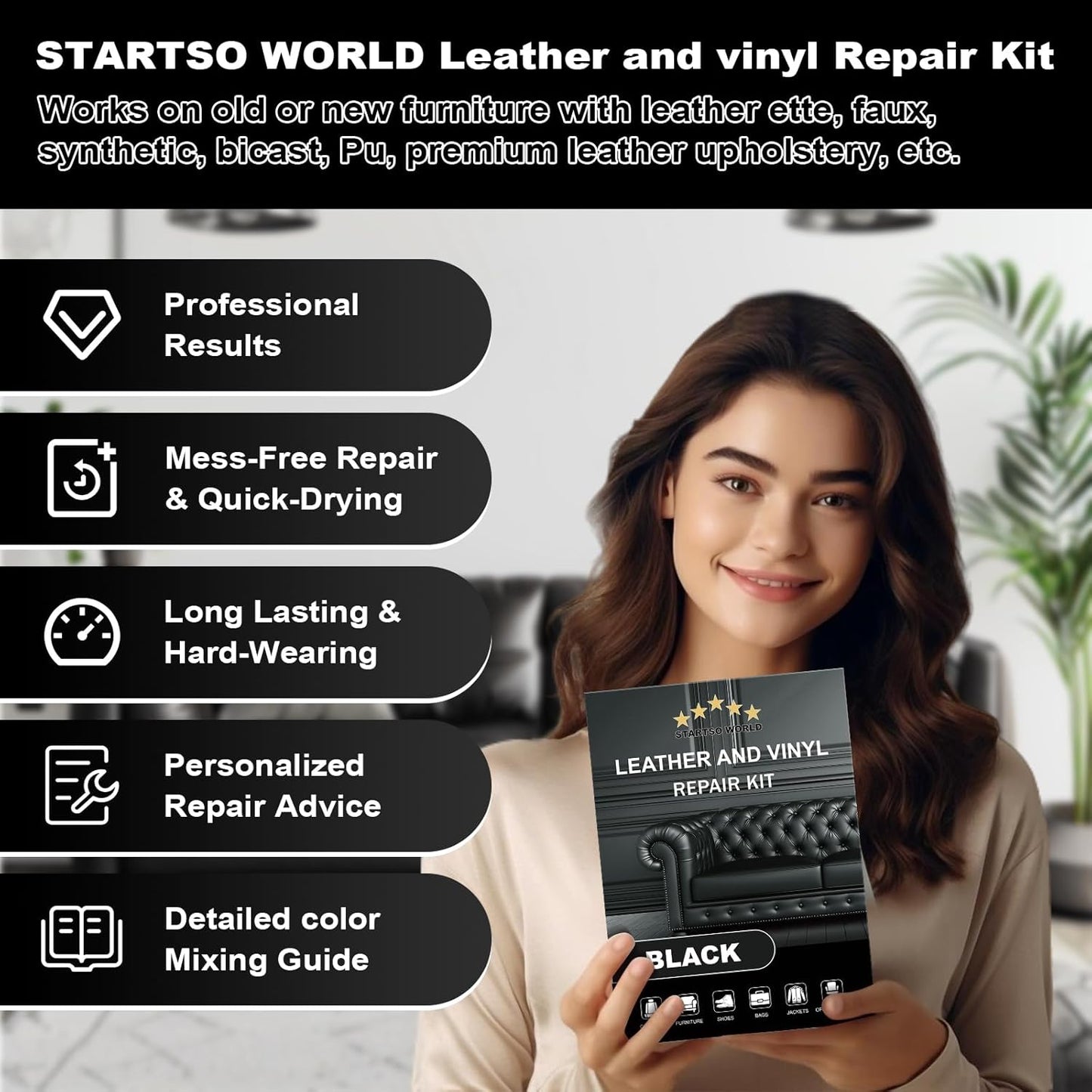 STARTSO WORLD Black Leather Repair Kit, Vinyl Repair kit for Car Interiors, Furniture, Couches, Car Seat, Sofa, Jacket and Purse, Restores Faux, Artificial, Genuine Pleather