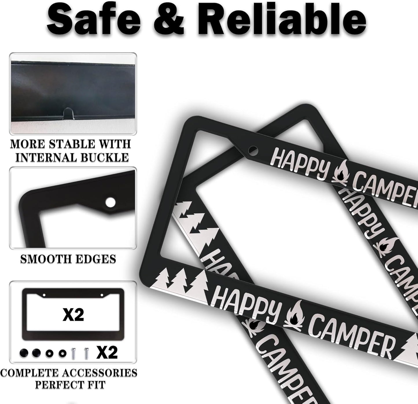 License Plate Frames Black and White Metal License Plate Frame Happy Camper with Campfire Universal Aluminum Car Accessory 2 Pack with Screw Covers Set