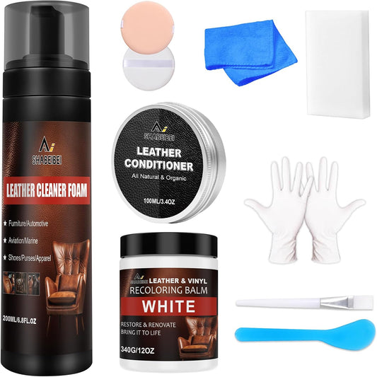 Leather Recoloring Balm Set,Leather Cleaner Restore Conditioner Mink Oil for Leather Repair Kit for Furniture Couches -Revives Repairs Scratches Leather Dye Furniture Polish (White)