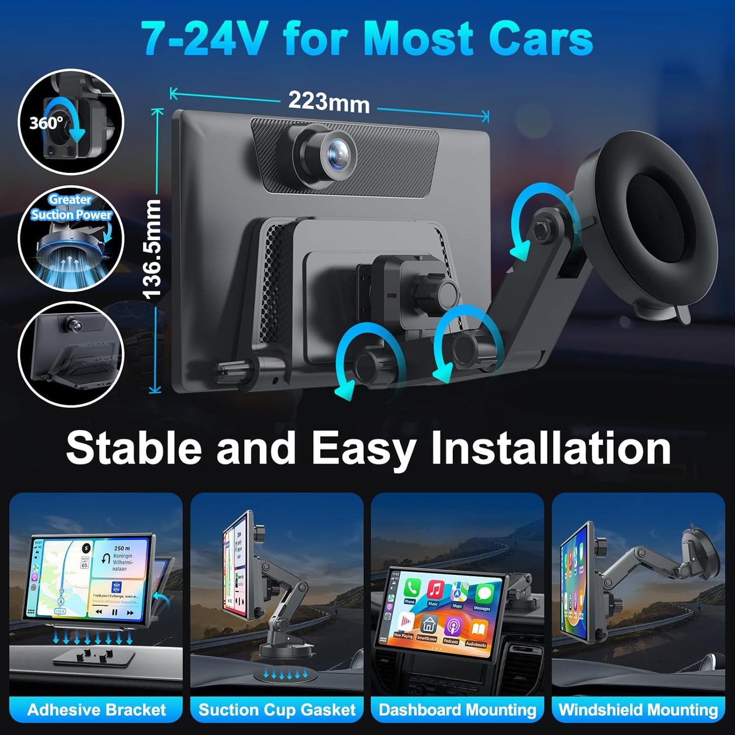Wireless Portable Carplay Screen with 4K Dash Cam, Android Auto, 9'' Auto-Dimming Screen with Strongest Suction Mount, GPS Navigation for Car, 1080P Backup Camera, Loop Recording