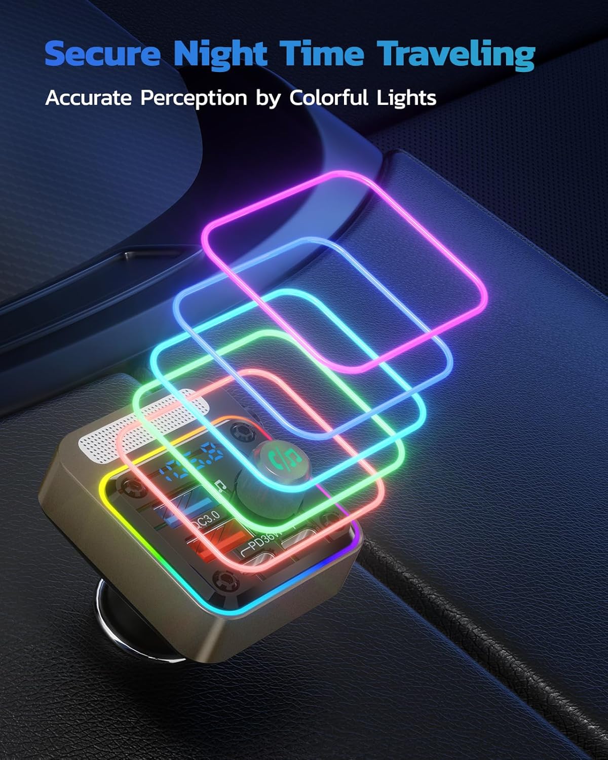 Nulaxy 54W Bluetooth 5.3 Car Adapter with 4 Charging Ports [PD 36W & QC3.0 18W], Wireless Radio FM Transmitter with Deep Bass Player & 5 Colors LED Backlit, Hands-Free Calling - Gold