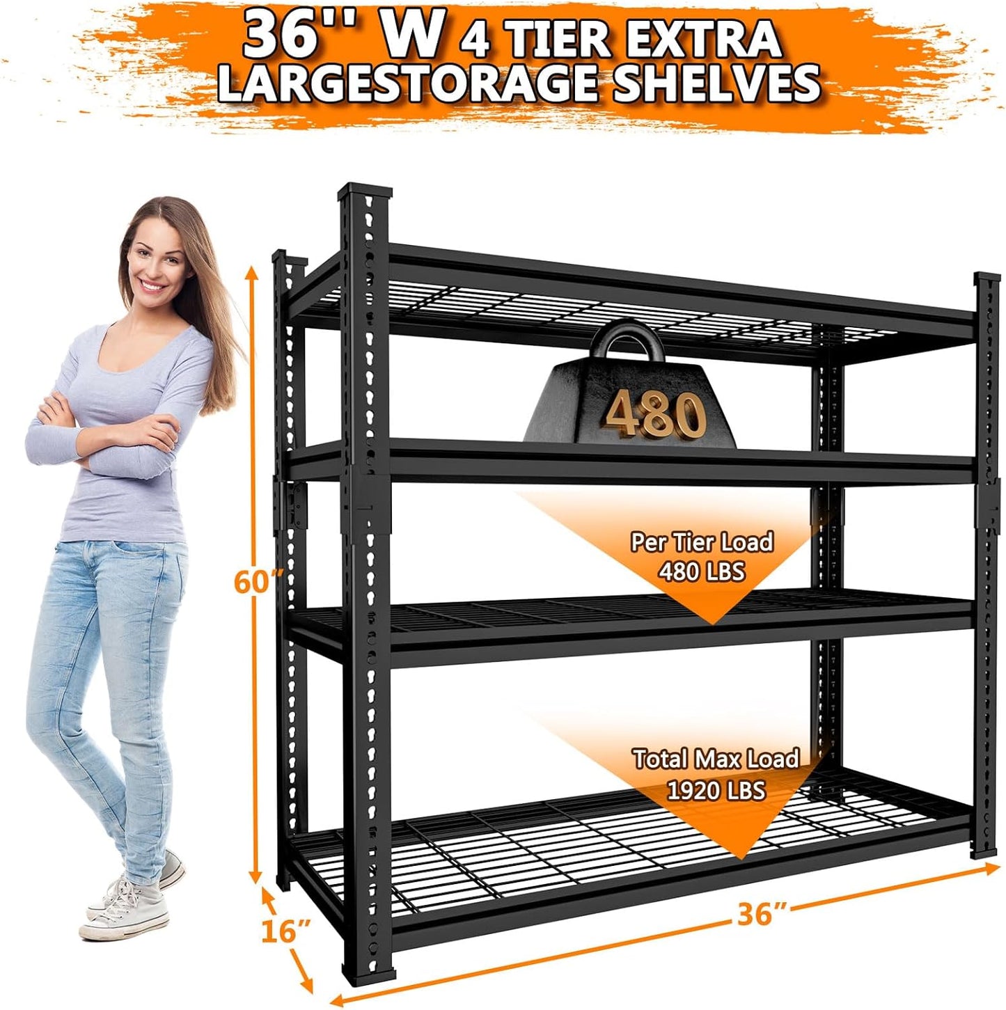 Storage Shelves Heavy Duty, 36" L x 16" W x 60" H Garage Wire Shelving Unit Loads 1920LBS, 4-Tier Adjustable Metal Industrial Utility Shelf Rack for Kitchen, Laundry Room, Pantry, Warehouse, Basement