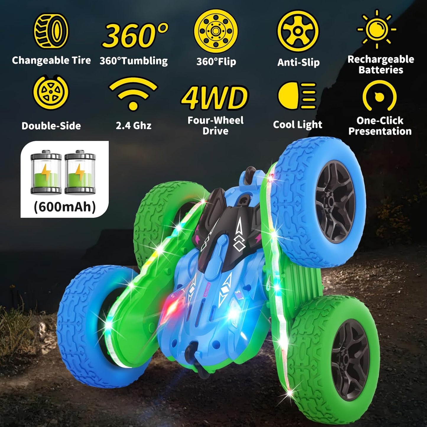 Remote Control Car, RC Cars Toys for Boys Age 5-7, RC Stunt Car Toy with Strip Lights and Headlights, 2.4 Ghz 600mAh Double-Sided 360° Rotating 4WD RC Cars, Fast Race Car Rechargeable Toy for Boys