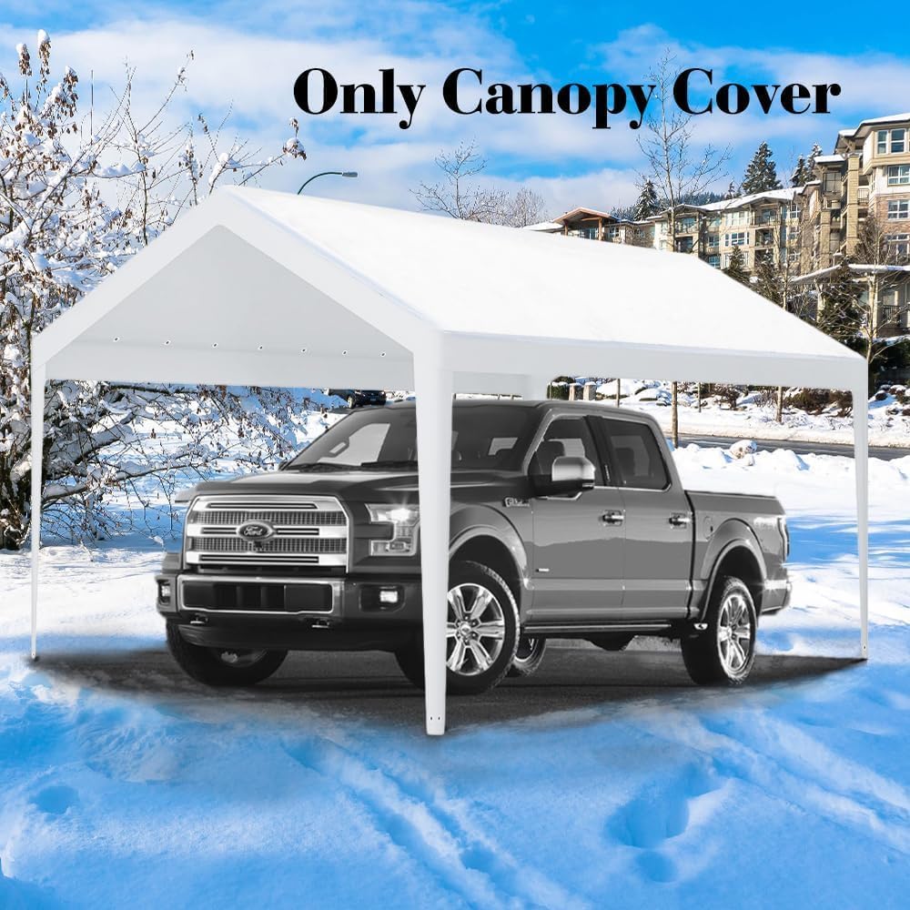 Rutile 10 x 20 FT Carport Replacement Cover, Heavy Duty Car Tarp Canopy Tent Garage Top Shelter With Fabric Leg Pole Skirts and Ball Bungees - White (Only Top Cover, Frame Not Included)