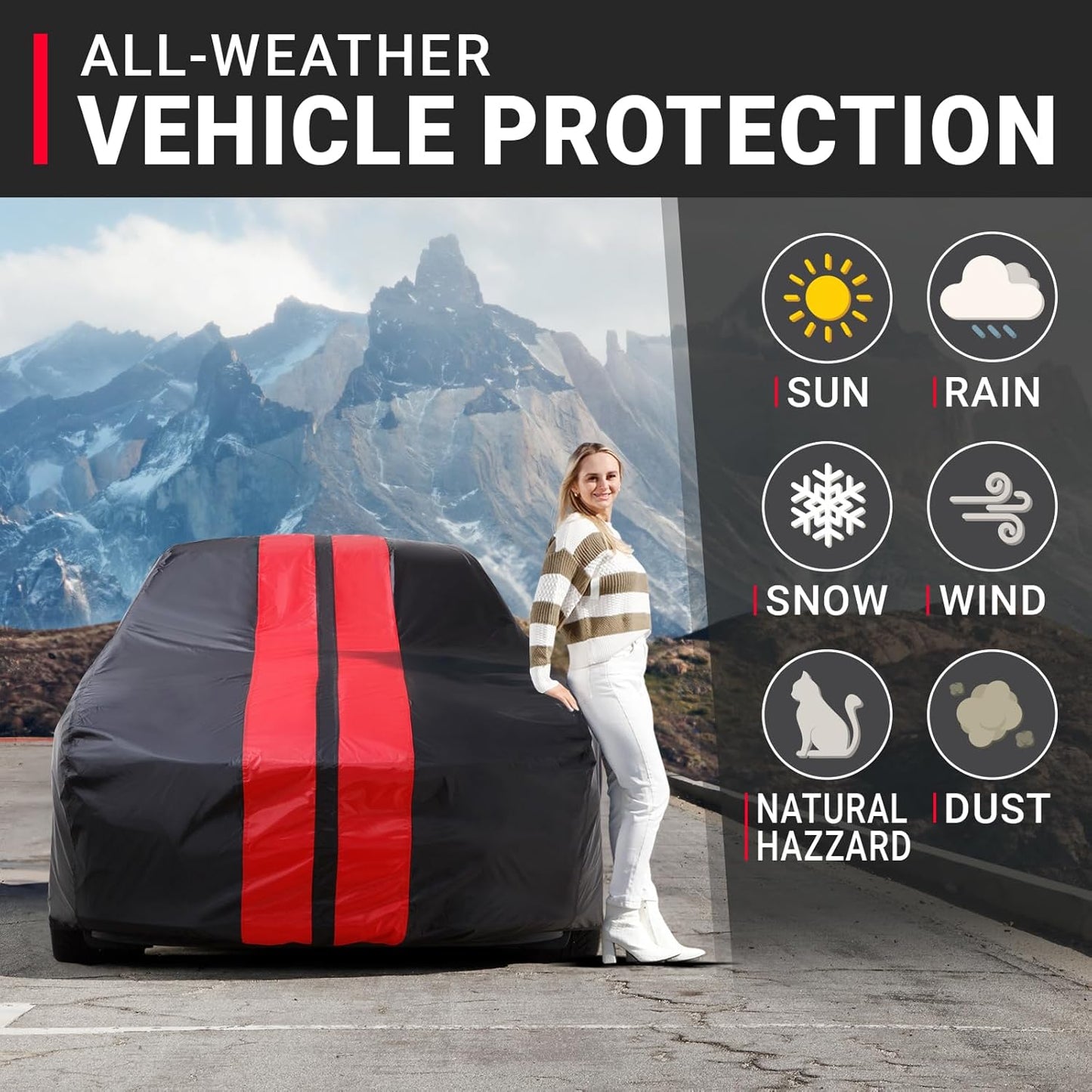 iCarCover Premium Plus Car Cover for 1978-1987 Chevy El Camino Waterproof All Weather Rain Snow UV Sun Hail Protector for Automobiles, Full Exterior Indoor Outdoor Car Cover (Stripe - Black/Red)