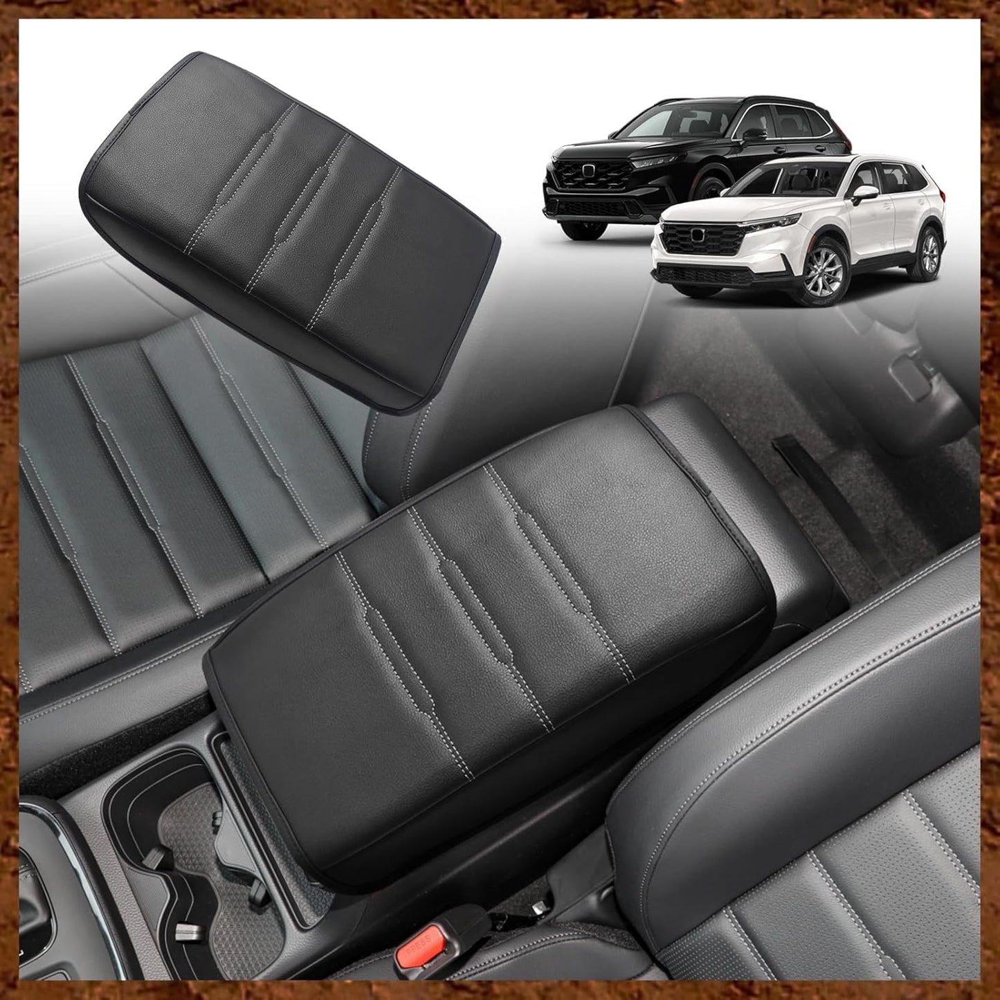 Muslogy Center Console Cover Compatible with 23 24 2025 2026 Honda CR-V Accessories CRV Hybrid LX EX EX-L Sport Touring Armrest Cover Lid Cushion Protector Vegan Leather Extra Soft(Black/White Trim)