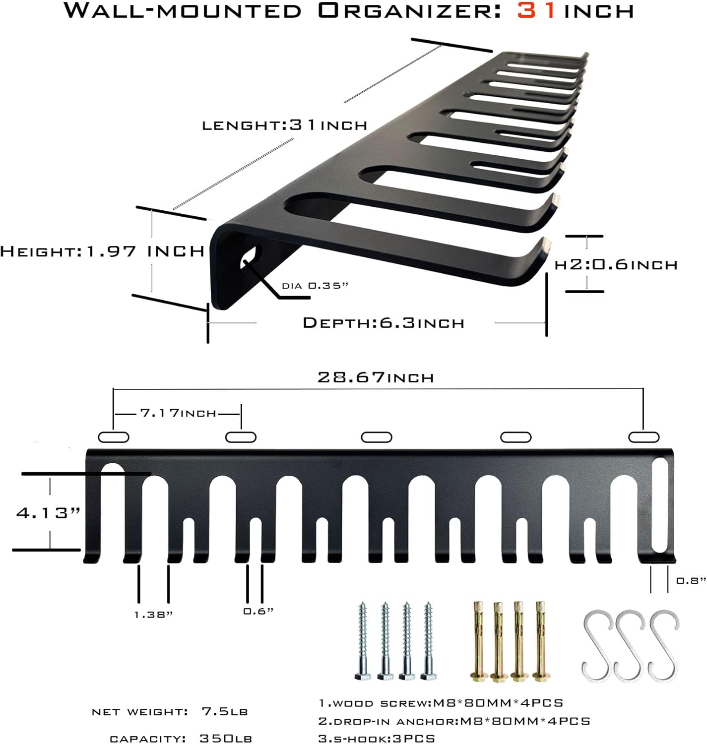 22‘’/25‘’/31‘’Black Wall-Mounted Tool Storage Rack, Suitable for Outdoor Garden, Space-Saving, Strong Storage Capacity.Barbell Wall Rack.Weight Capacity: 300 LB.-350LB