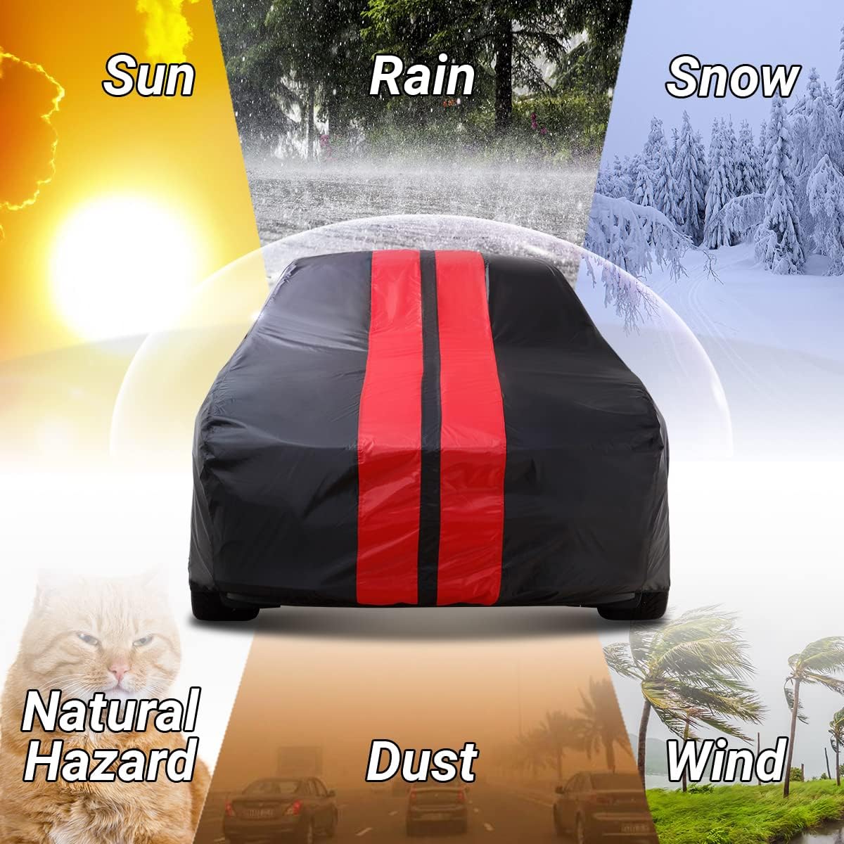 iCarCover Custom Car Cover Compatible with Mustang 1974-1978, Waterproof All Weather Rain Snow UV Sun Protector Full Exterior Indoor Outdoor Car Covers, Stripe (Black/Red)