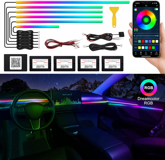 Acrylic Interior Car LED Strip Light with Wireless APP, RGB Dreamcolor 6 in 1 with 175 inches 593 LEDs Fiber Optic Ambient Lighting Kits, 16 Million Colors Sound Active Function Car Neon Lights