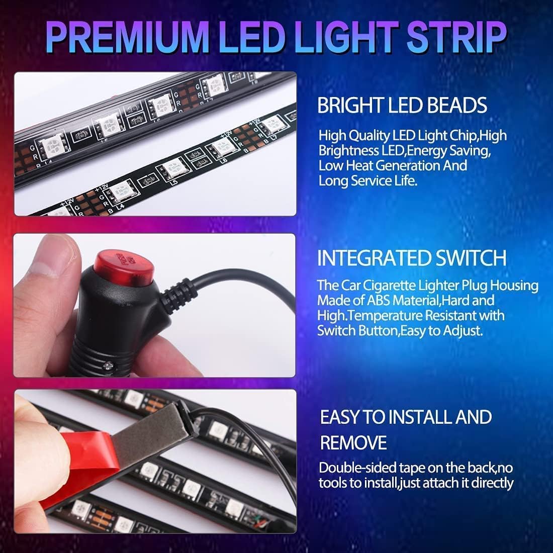 Car LED Strip Light, EJ's SUPER CAR 4pcs 36 LED Multi-Color Car Interior Lights Under Dash Lighting Waterproof Kit with Multi-Mode Change and Wireless Remote Control, Car Charger Included,DC 12V
