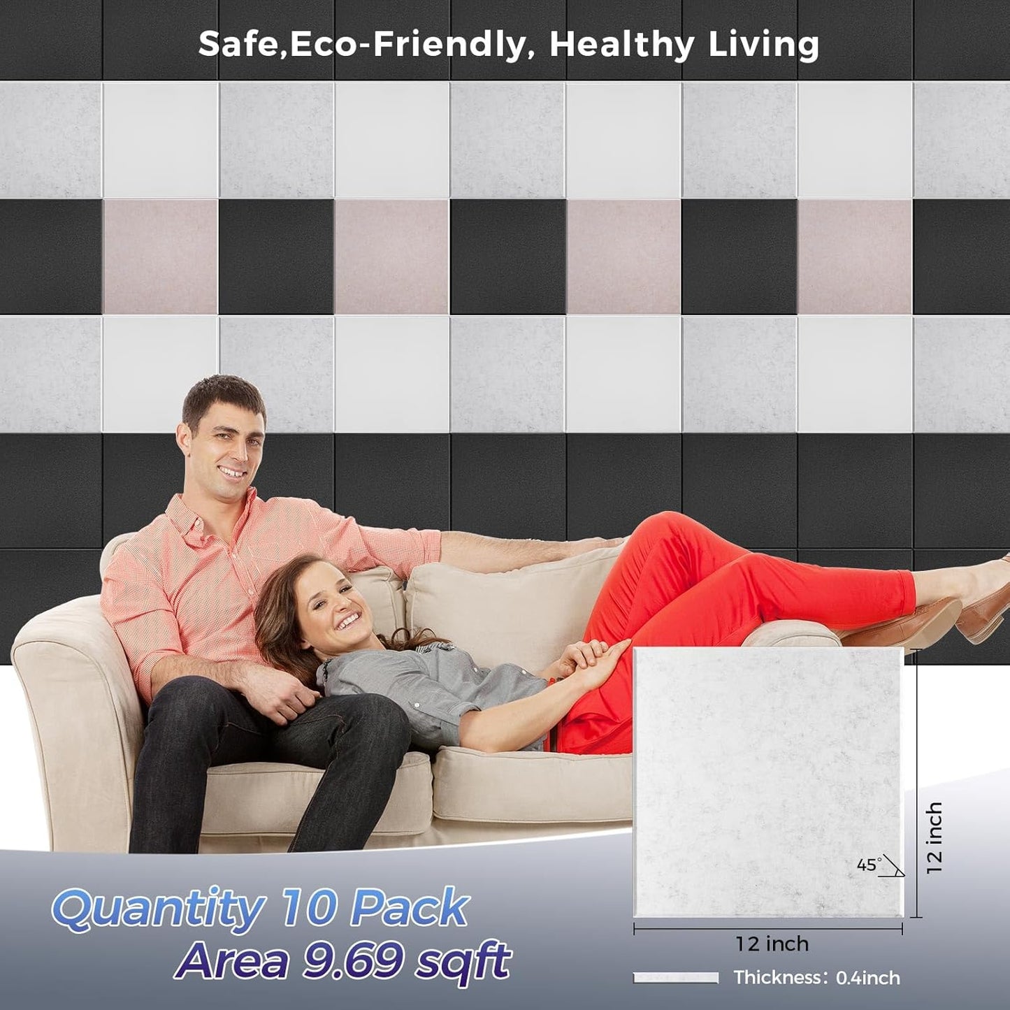 10 pcs 165dtex Microfiber Acoustic Panels ，Self-Adhesive Soundproof Wall Panels, 12 x 12 x 0.4 in Sound Proof Foam Panels for Walls, High Density, Noise Dampening Panels for Home Studio（Gray）