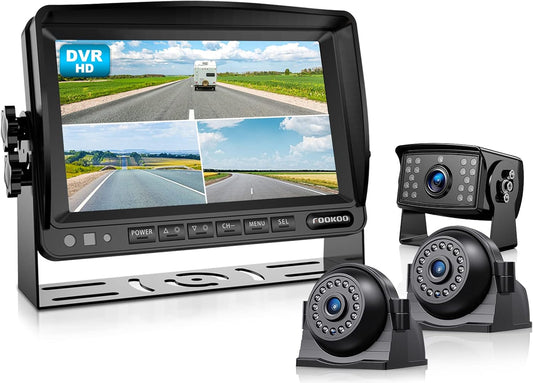 Fookoo HD 1080P 7" Wired Backup Camera System, 7-inch Quad Split Screen Monitor W/Recording, IP69 Waterproof Side & Rear View Cameras, Parking Lines for Truck/Trailer/RV/Tractor/ 5th Wheel (DY703)
