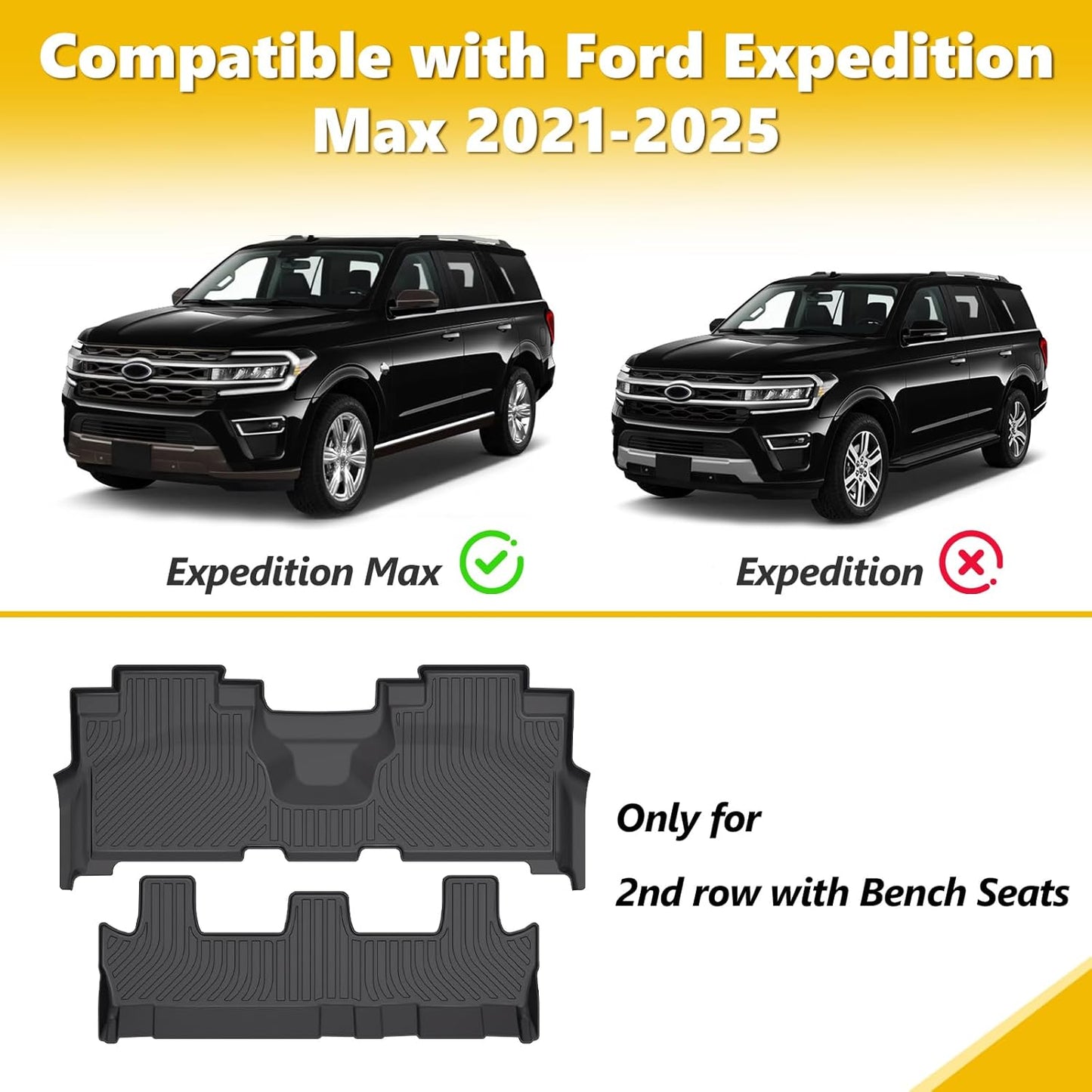GINOWY-Floor Mats & Cargo Liner for Ford Expedition MAX 2021-2025 Bench Seat 8 Passenger TPE Rubber All Weather Car Floor Mats Expedition Accessories Floor Liners Black