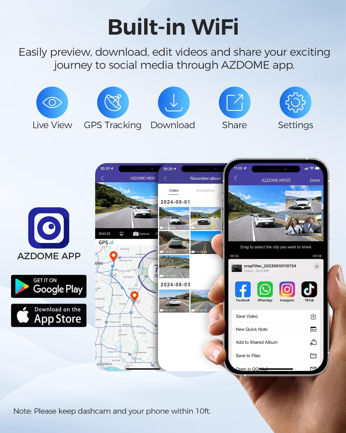 AZDOME M550 3 Channel Dash Cam, 4K+2.5K Dual Dash Camera for Cars Built-in WiFi GPS, 1440P+1080P+1440P Front and Rear Inside, 64GB Card Included, 3.19" IPS Screen, WDR, IR Night Vision, Parking Mode
