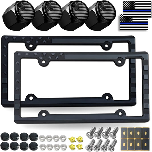 Black American Flag License Plate Frames- Patriotic USA Stars and Stripes Flag Plastic Car Tag Cover Holder with Mount Screws Caps for Truck/SUV, Auto Accessories for Veterans Military