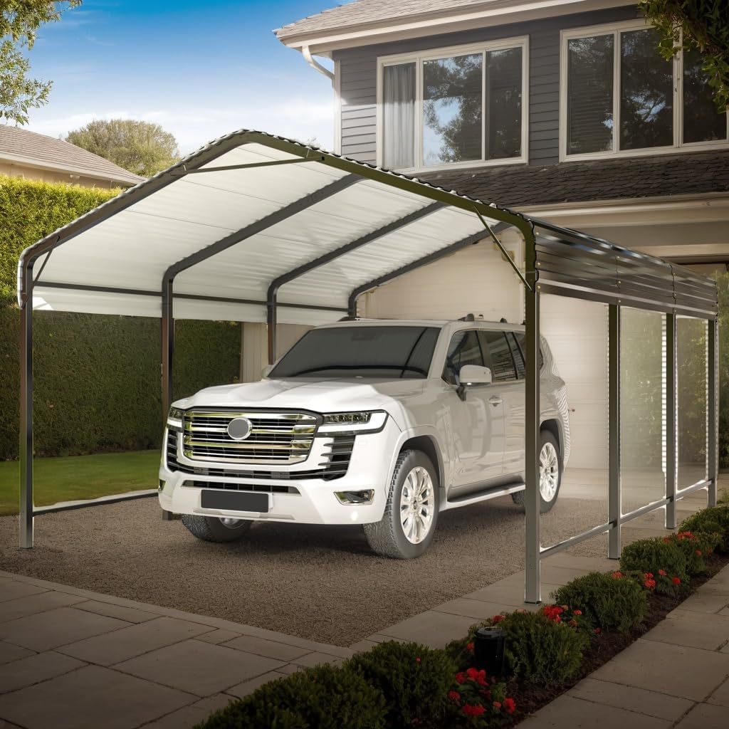 Polar Aurora 10x15 FT Metal Carport with Reinforced Base - Heavy Duty Galvanized Outdoor Shelter for Cars, Trucks, Boats, and Tractors