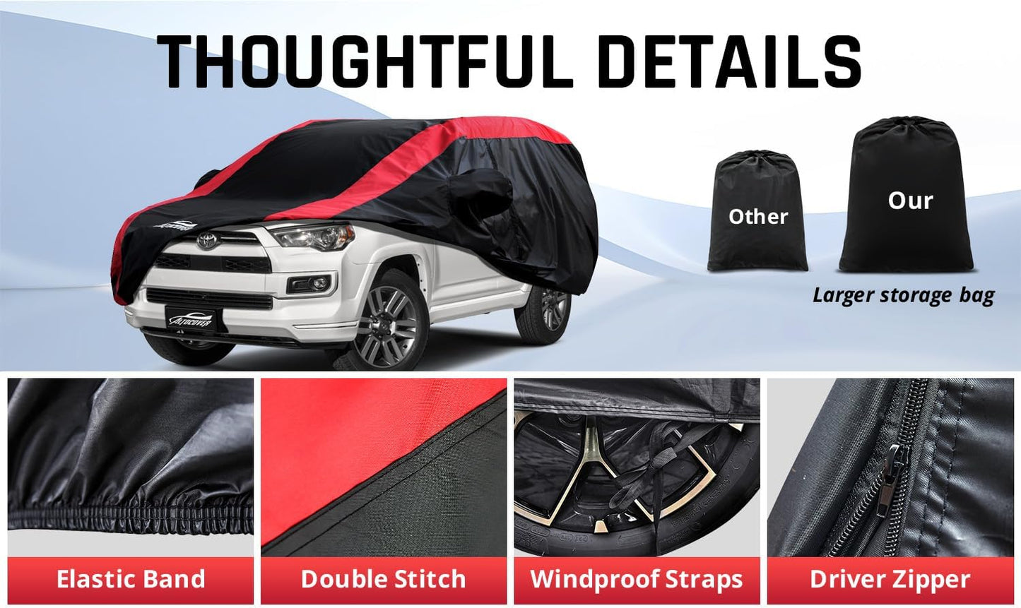 Toyota 4Runner Car Cover Waterproof All Weather with Red Strip Design, Custom Fit for Toyota 4Runner 2003–2025, 4Runner Accessory with Door Zipper & Windproof Straps