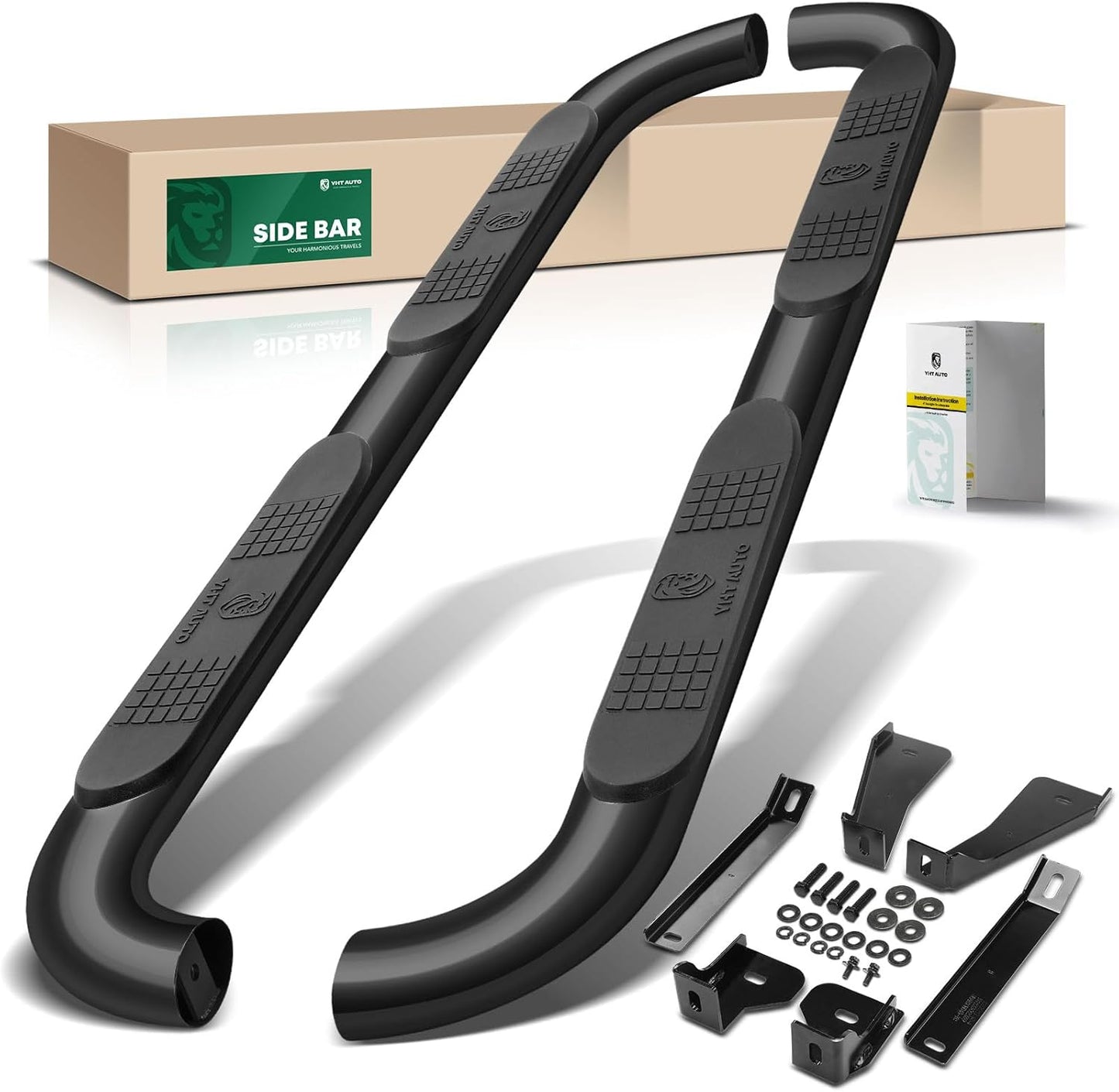 YHTAUTO 4 Inch Running Boards Side Steps Fit 2019-2024 Chevy Silverado & GMC Sierra 1500/2500 HD/3500 HD, Extended/Double Cab, Oval Bent Ends Carbon Steel Black Powder, Truck Cab Side Step Rails