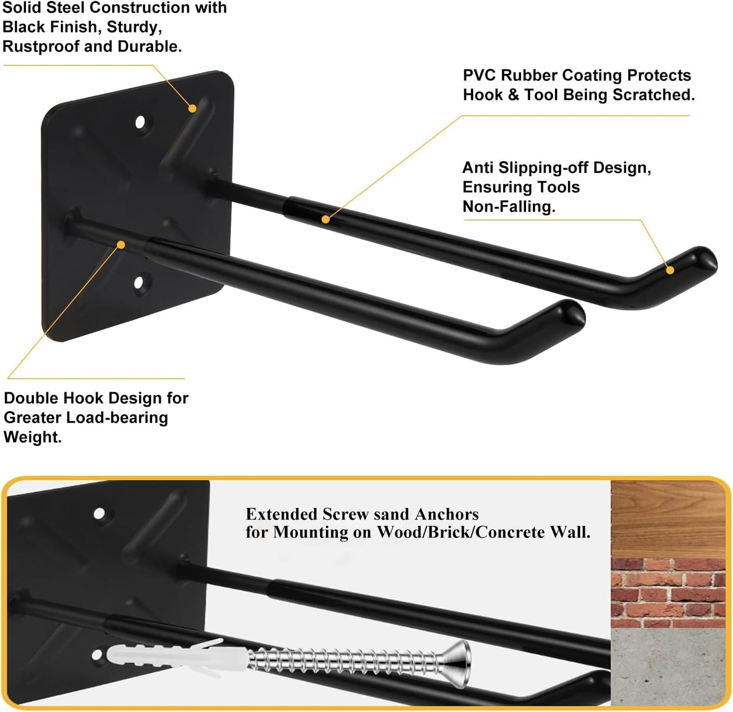 Steel Garage Storage Hooks Wall Tool Organizer, 12.4 Inch Garage Hook Heavy Duty Utility Storage Hangers Black for Ladders, Chairs, Garden Tools, Set of 4