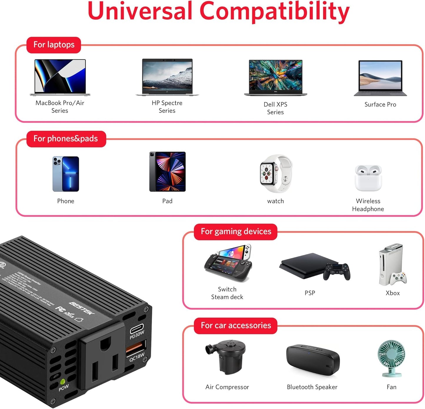 BESTEK 150W Car Power Inverter, DC 12V to 110V AC Converter PD 30W QC 3.0 18W USB Charger Laptop Car Charger Outlet Power Adapter for Car