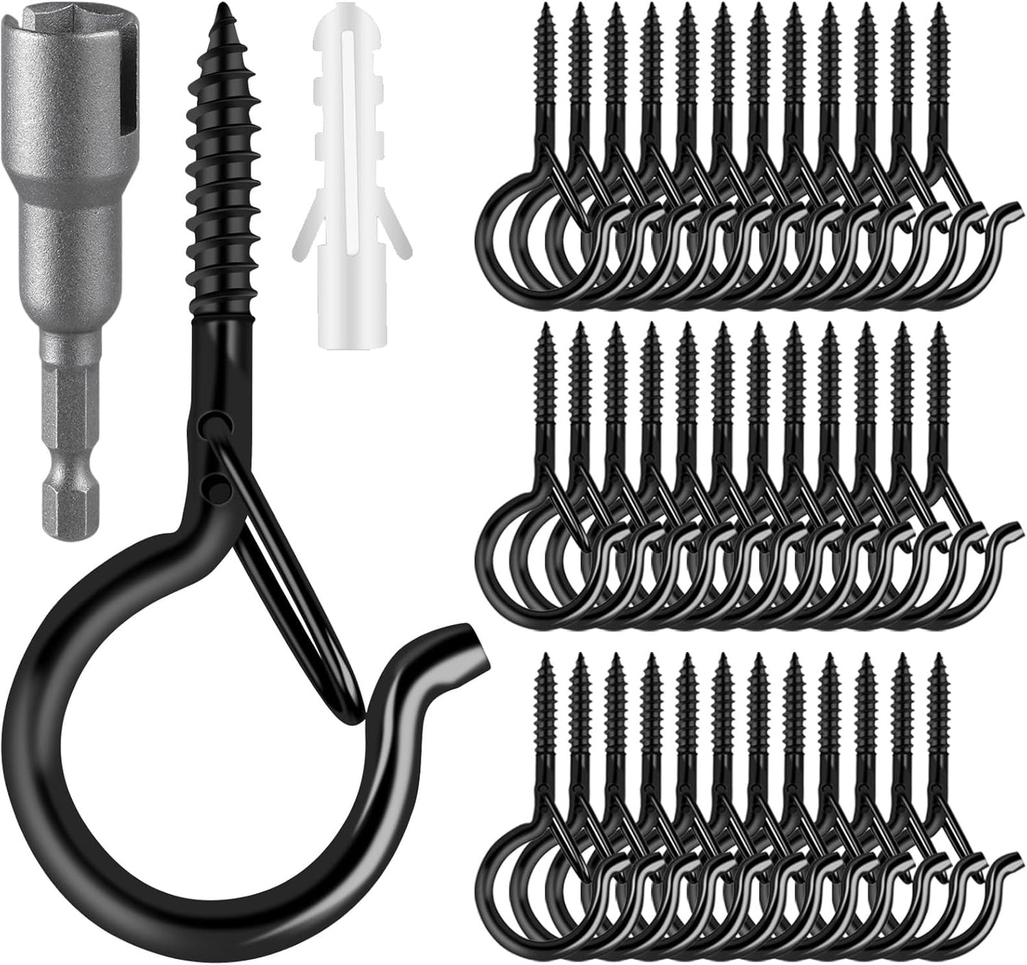 96 PCS Q-Hanger Hooks, Screw Hooks for Outdoor String Lights, Safety Buckle Design Cup Eye Hook for Hanging Christmas Lights, Plants, Mounted on Wall Ceiling, Include 1 Wing Nut Driver, Black
