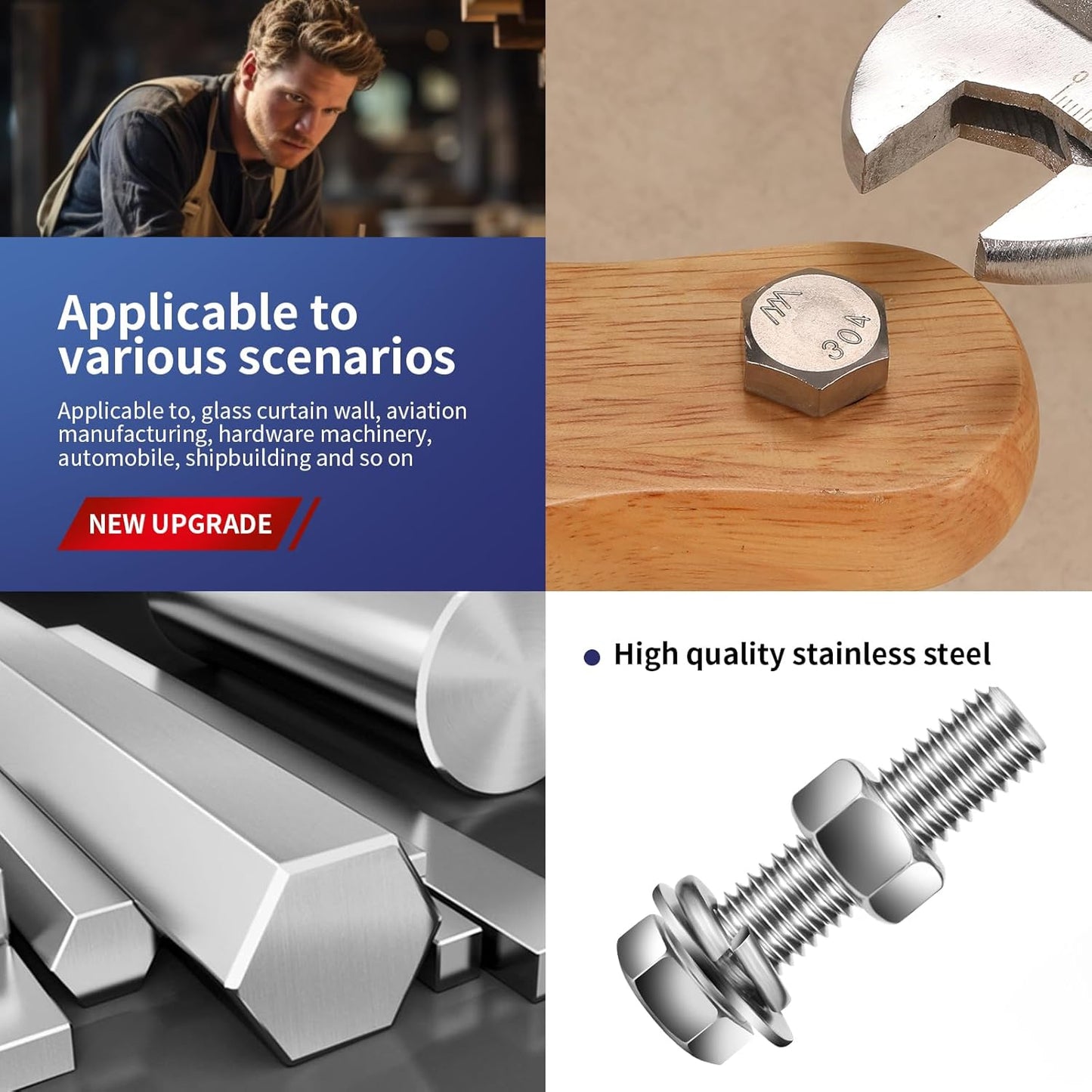 1/2-13 x 1-1/2" Hex Head Screw Bolt, Nuts, Flat & Lock Washers, 10Pcs 18-8 (304) Stainless Steel, Fully Threaded, by SG TZH