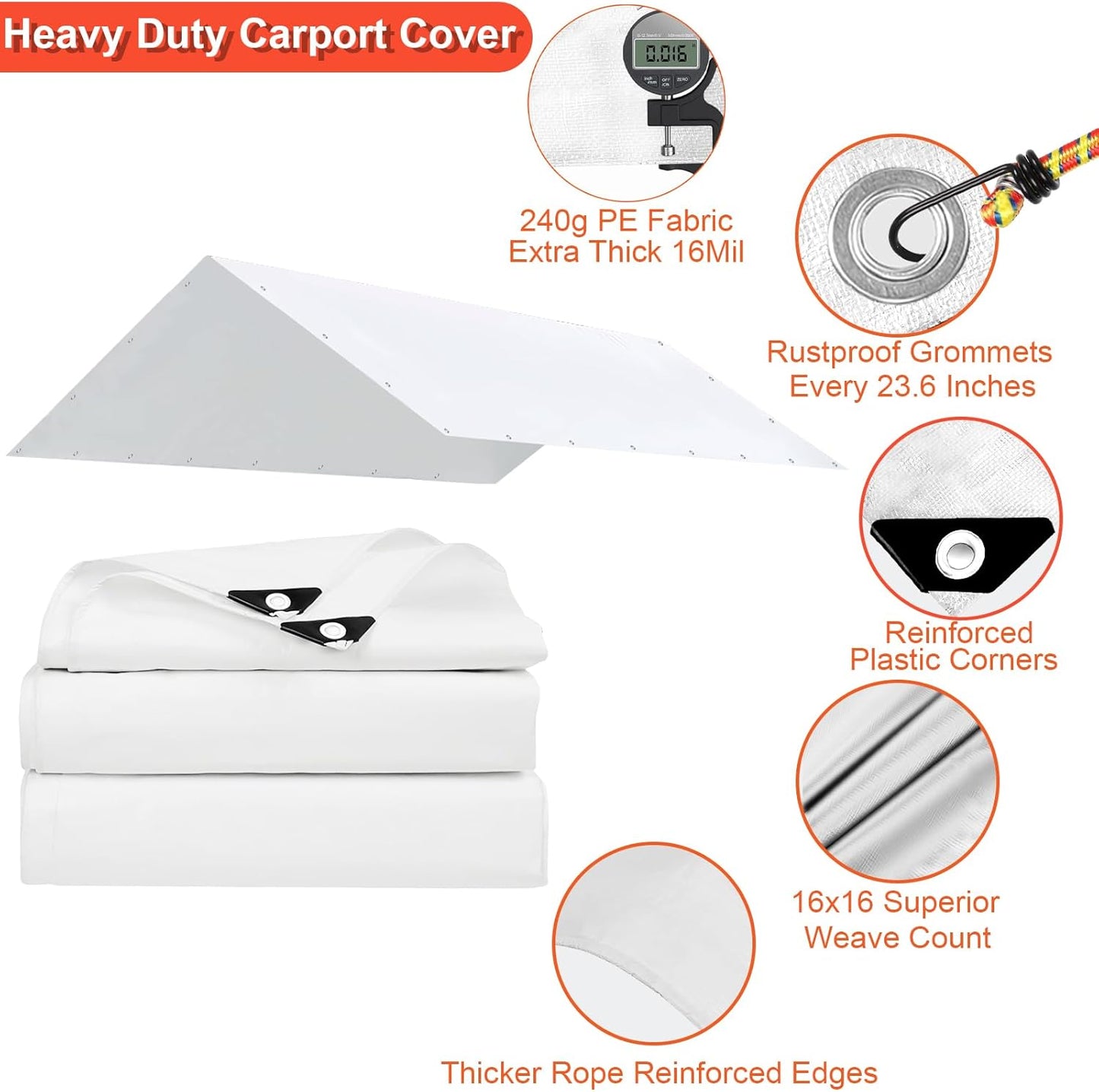 10 x 20 Ft Carport Replacement Canopy Cover Garage Top Tent Shelter with 40 Ball Bungee Cords Heavy Duty Waterproof UV & Tear Resistant, Easy Assembly, White (Only Cover, Frame Not Include)