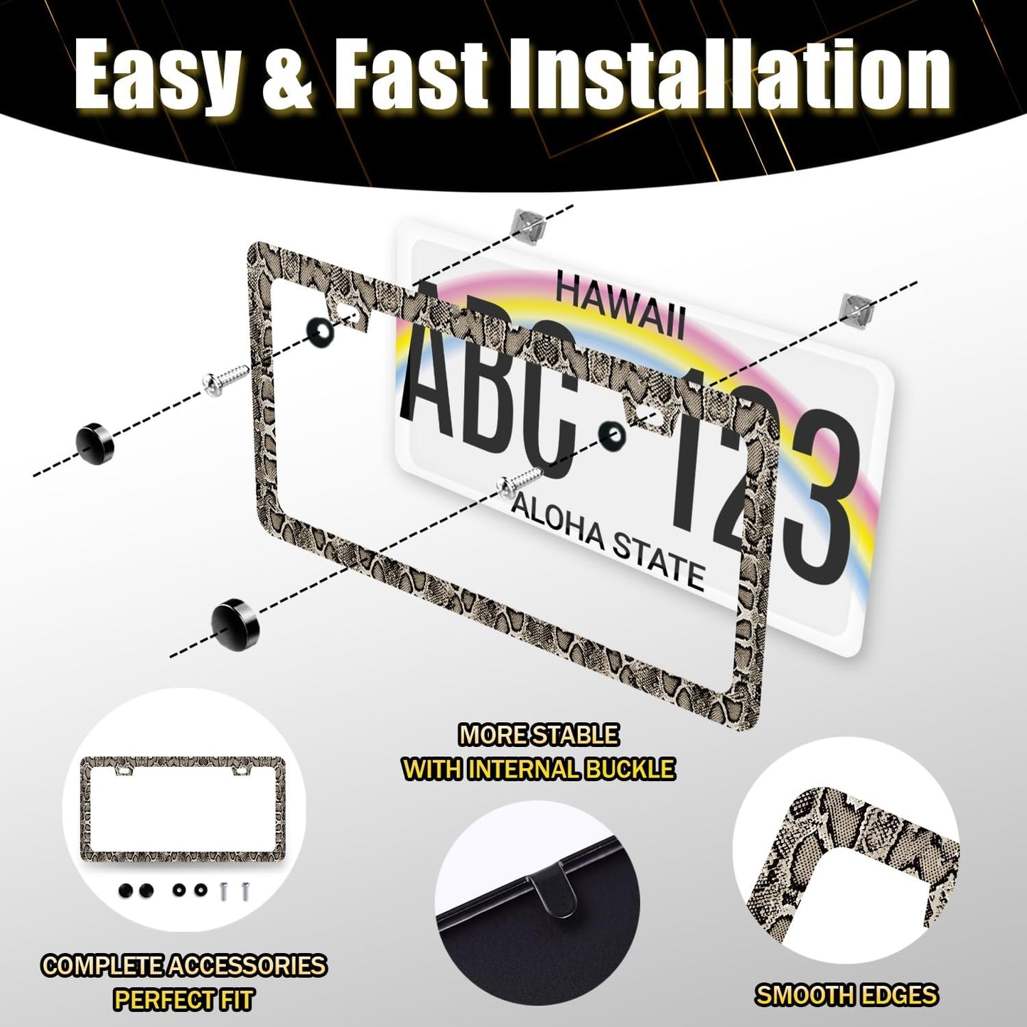 Snake Skin Print License Plate Frame Brown Animal Texture License Plate Holder Funny License Plate for Car Decoration Stainless Steel Snakes Car Accessory with Screws Men Women 12.3" x 6.3"