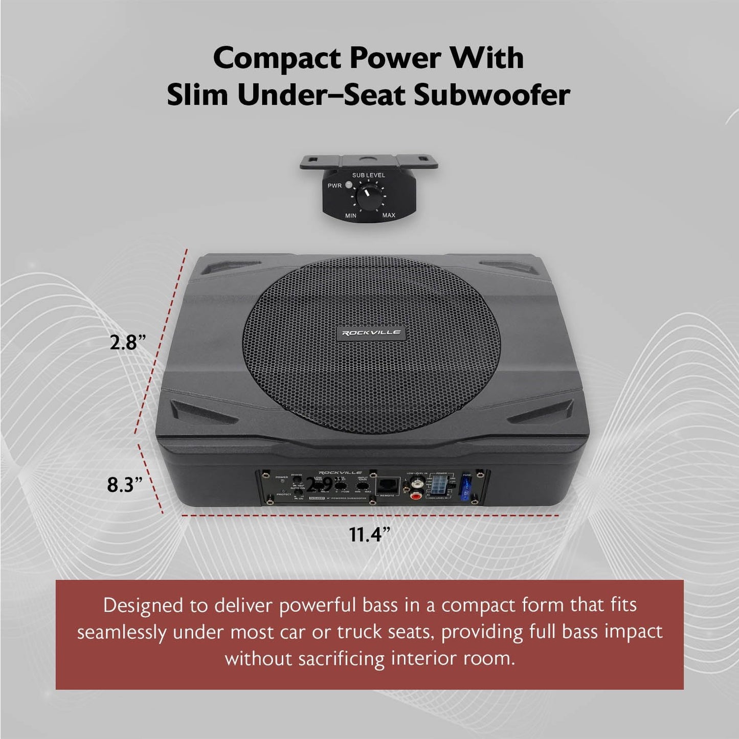 Rockville SS8P 400W 8" Slim Under-Seat Active Subwoofer, High-Level Inputs, Cast Aluminum Enclosure, for Car/Truck Audio Systems