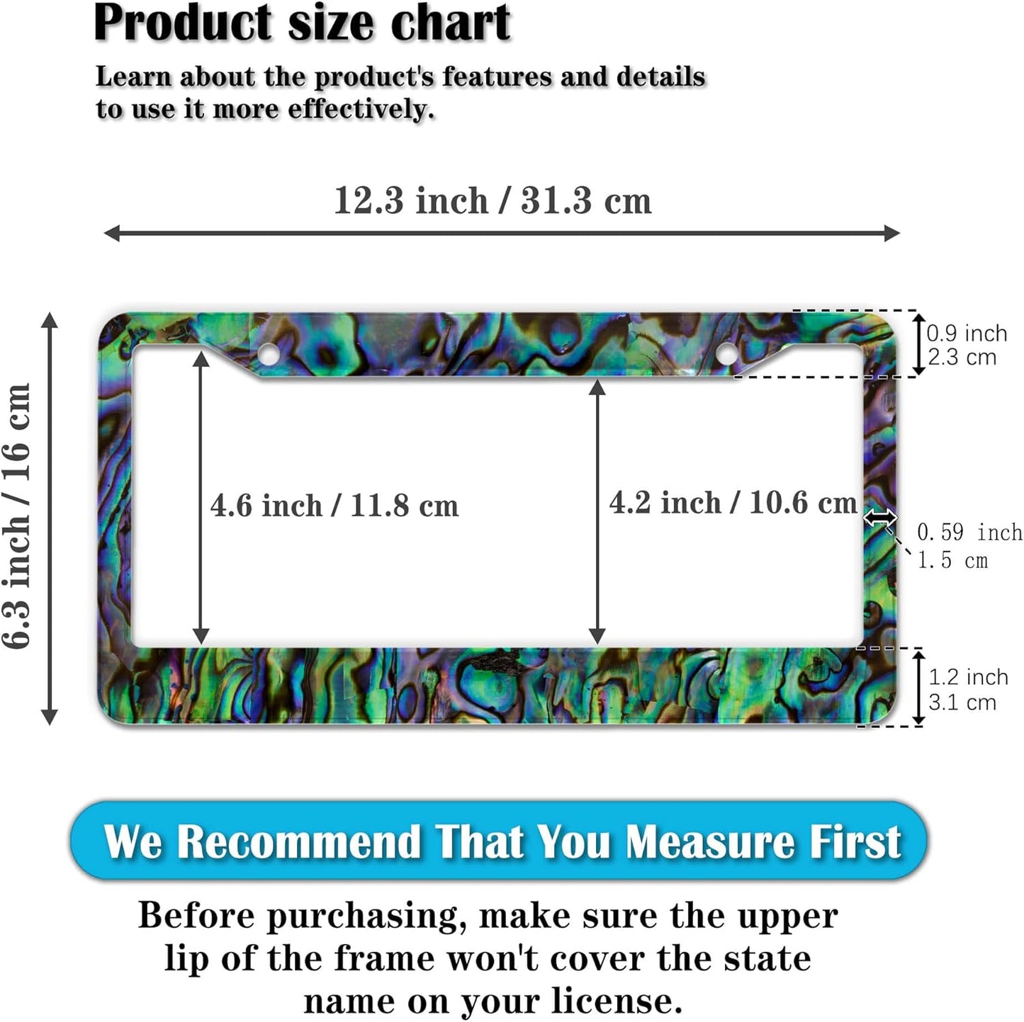 License Plate Frames Multicolor Fun License Plate Frame Cover Faux Abalone Texture Universal Aluminum Car Accessory 2 Pack with Screw Covers Set