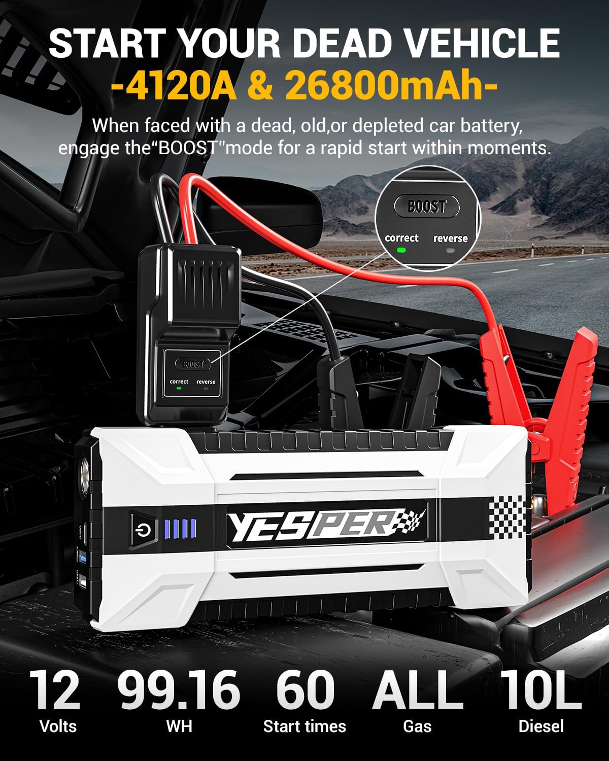 YESPER 4120A Jump Starter, 12V Car Battery Jumper Starter Portable (All Gas, up to 10.0L Diesel Engine), 26800mAh Battery Start Booster Pack, Jump Box with Carry Case, Jumper Cables, LED Light