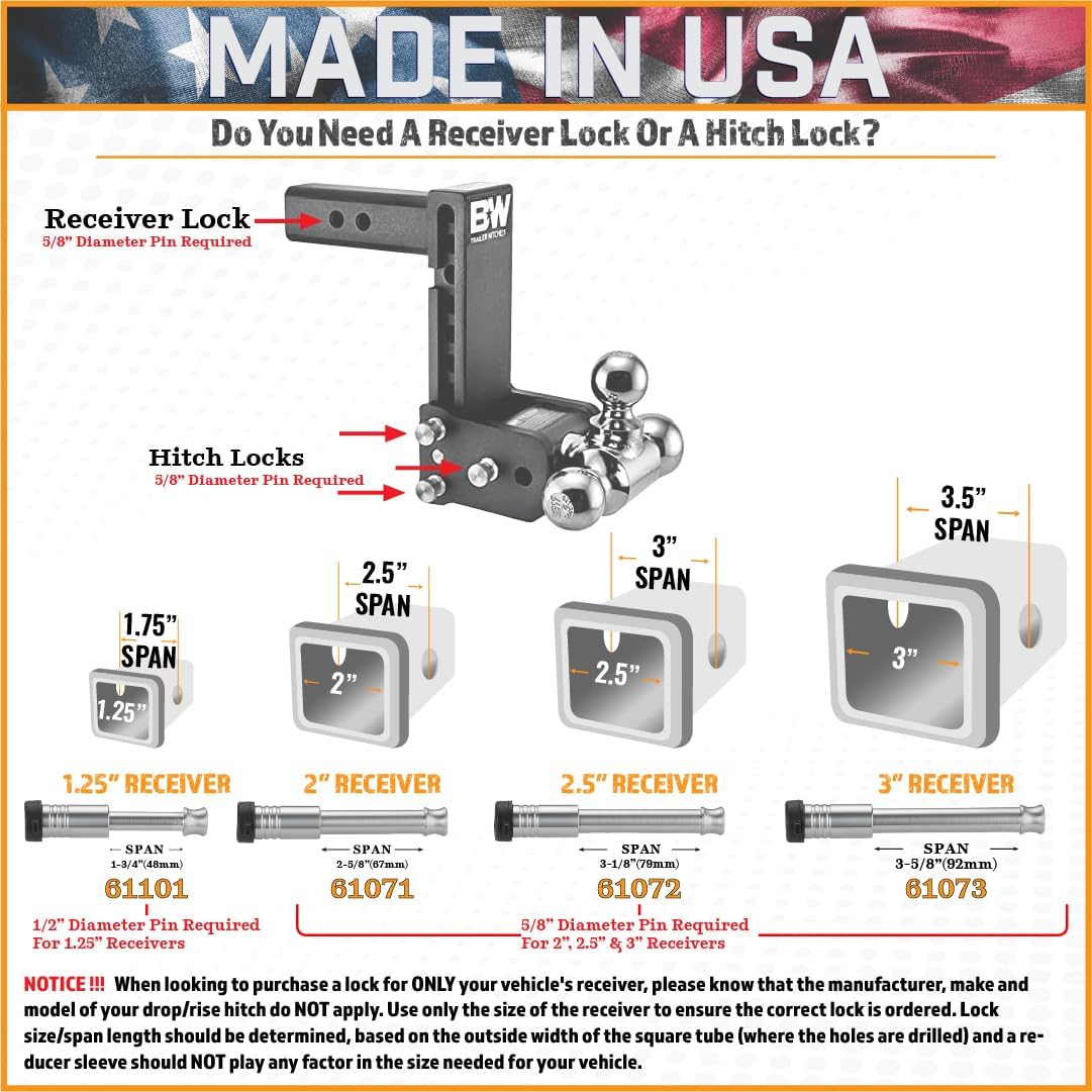 61572 | 2 Pack, Keyed Alike, Receiver Locks for 2" and 2.5" Receiver Class III, IV, V and Gen-Y Hitch Mega Duty 10K LB & 16K LB