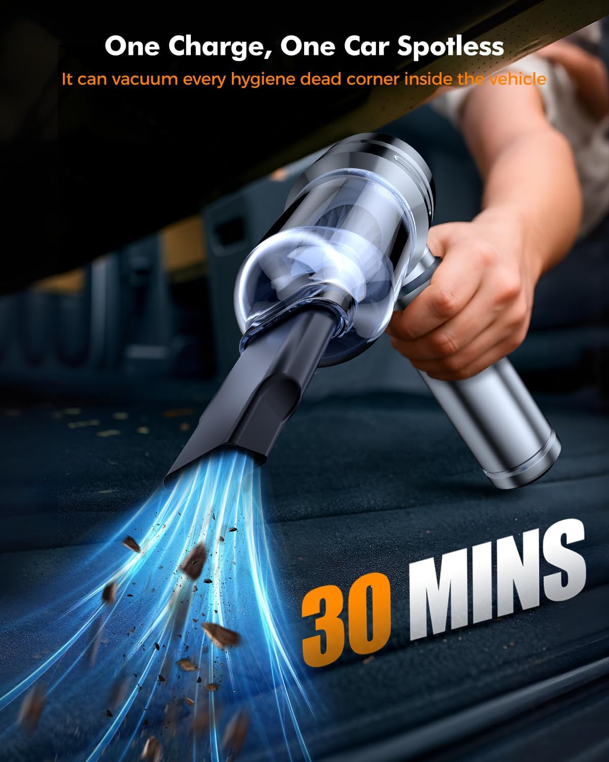 Car Vacuum,3 Suction Modes,Portable Mini Cordless Cleaner with 24000pa Suction Power,Type-C Charge,Handheld Vacuum for Home,Car, Office Desk, Keyboards(Bright Silver)