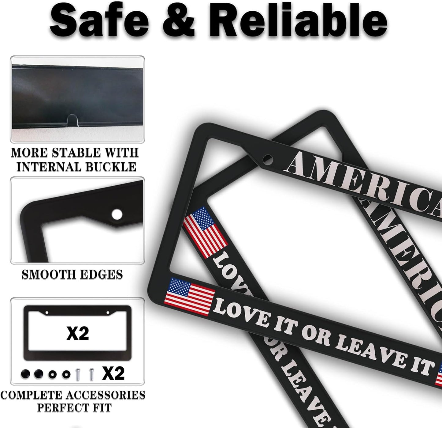 License Plate Frames Black and White License Plate Frame America Love It or Leave It USA Flag Aluminum Metal Car Accessory 2 Pack with Screw Covers Set