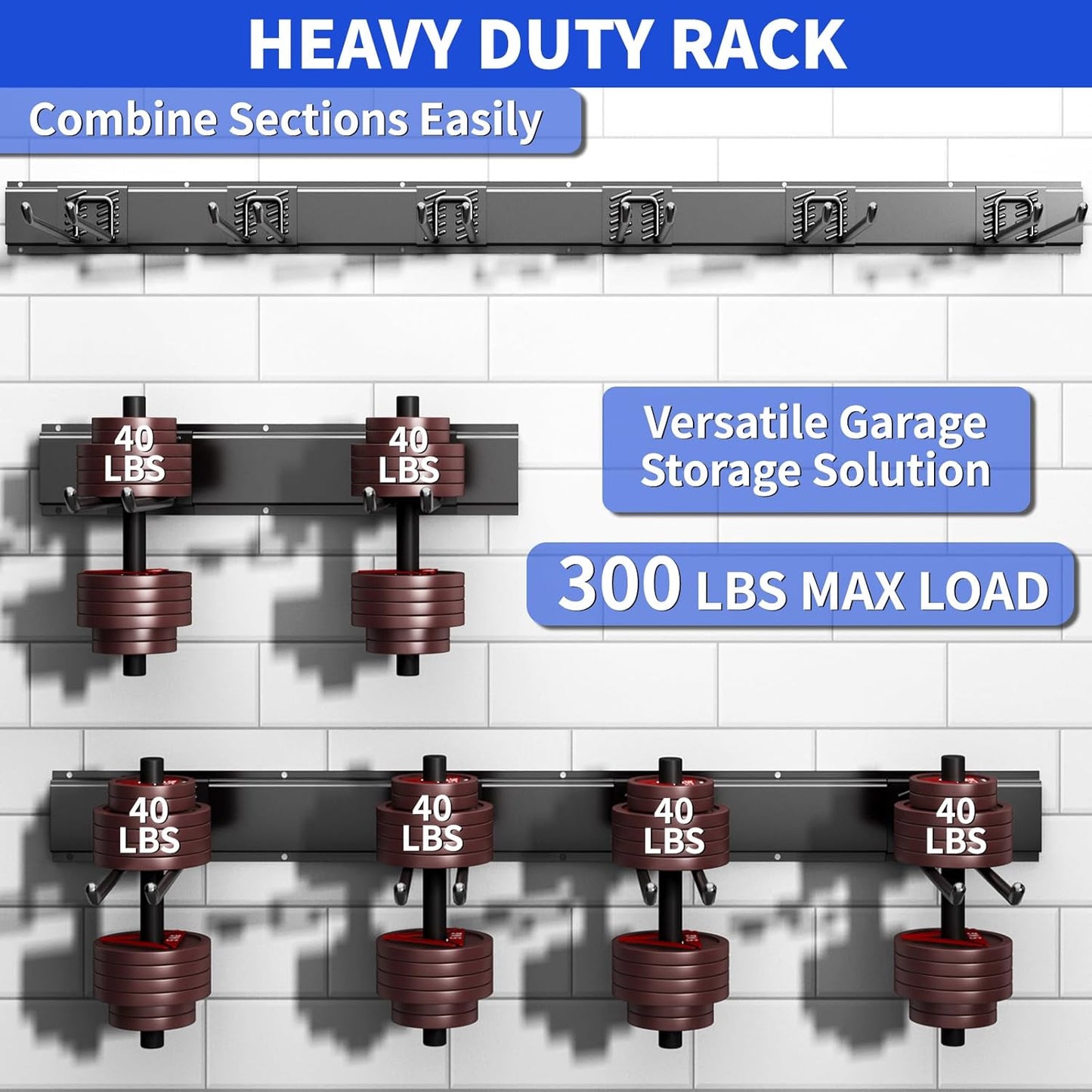 Garage Organization Tool Organizer Wall Mount, 48inch Heavy Duty Garden Tool organizer Storage System, Easy Install With 6 Adjustable Straight Hooks, For Garage, Basement, Shed, Workshop(Black)