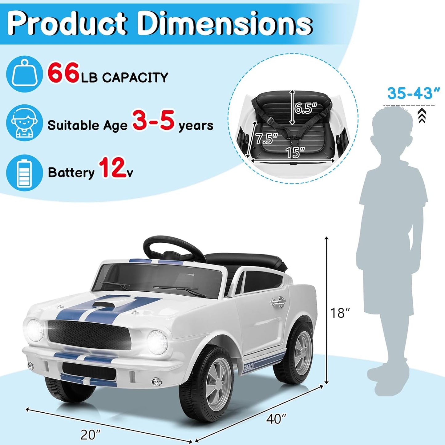 Winado Licensed Shelby Electric Car for Kids, Battery Powered Ride On Toy for Toddlers with Remote Control, Upgrade Display Panel, Bluetooth, Shock Absorbers, Safety Belt, 3 Speeds, LED Lights - White