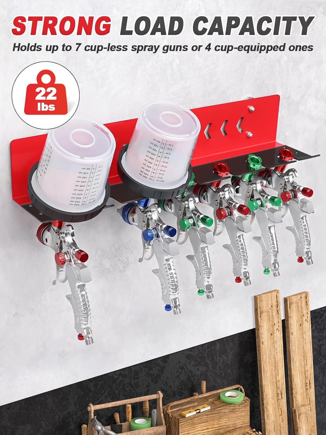 Paint Spray Gun Rack for Magnetic or Wall Mount, Holds 7 Gravity Feed Guns or 4 with Cups, Heavy-Duty Steel Paint Organizer with S-Hooks for Garage, Body Shop or Workshop, Red
