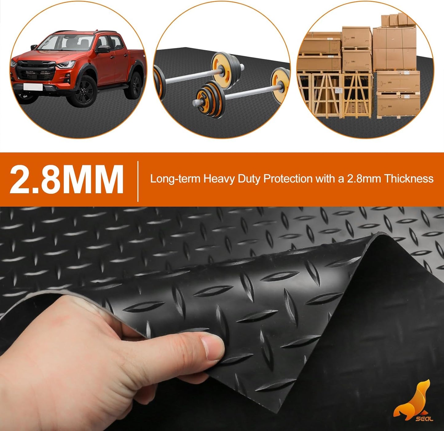 SEAL 4 x 6 Ft Premium Garage Floor Mat, Solid 2.8mm Thickened Black Commercial Grade Heavy Duty Parking Mat for Garage Floor, Golf Cart, Water/Stain Resistant Floor Runner (Embossed Diamond Plate)