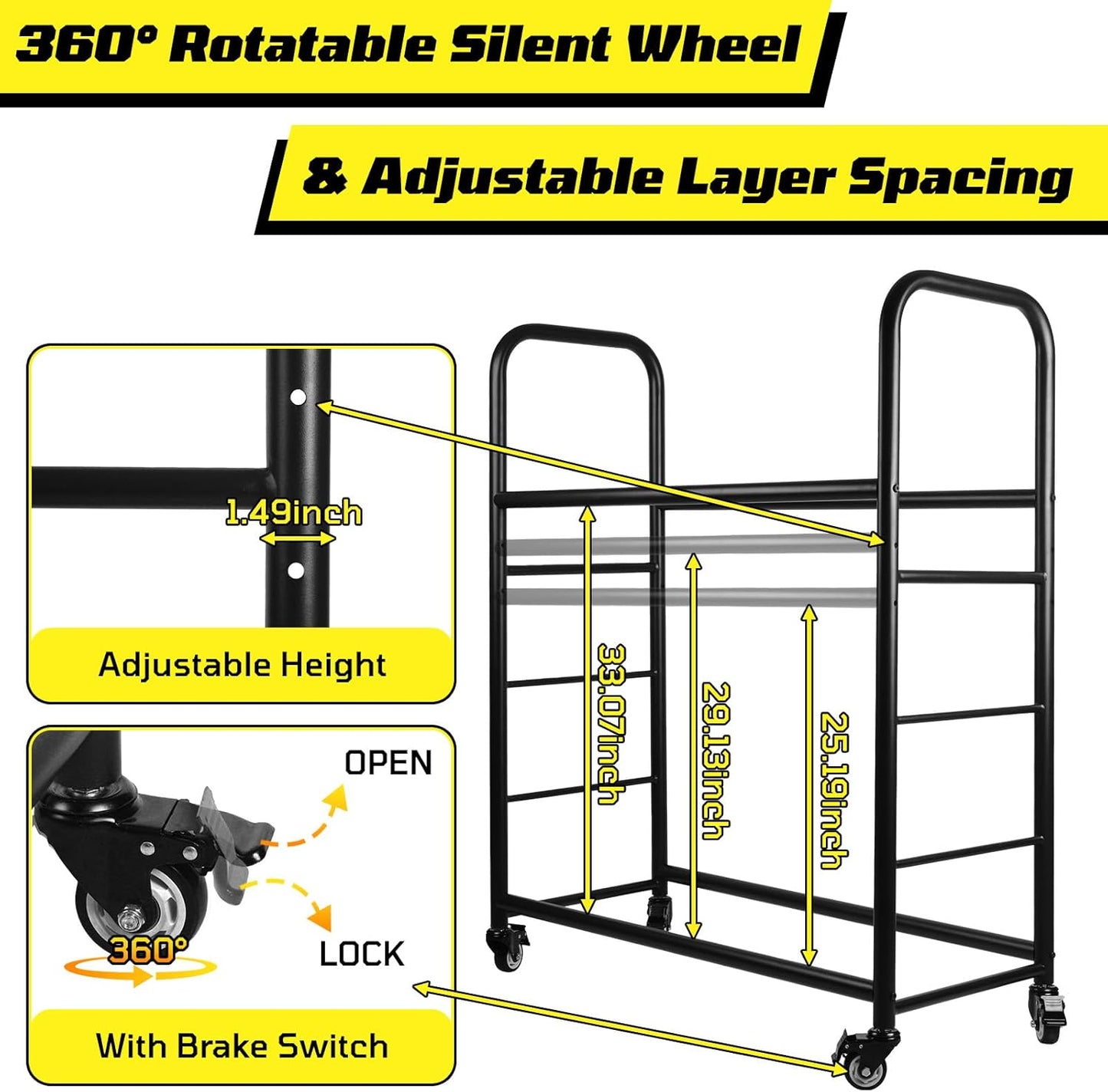 Tire Rack, 56 x 44 x 20 Inches Garage Tire Storage and Organization, Rolling Tire Rack 218KG/480LBS Capacity,2 Storage Shelf & 4 Swivel Casters,Black