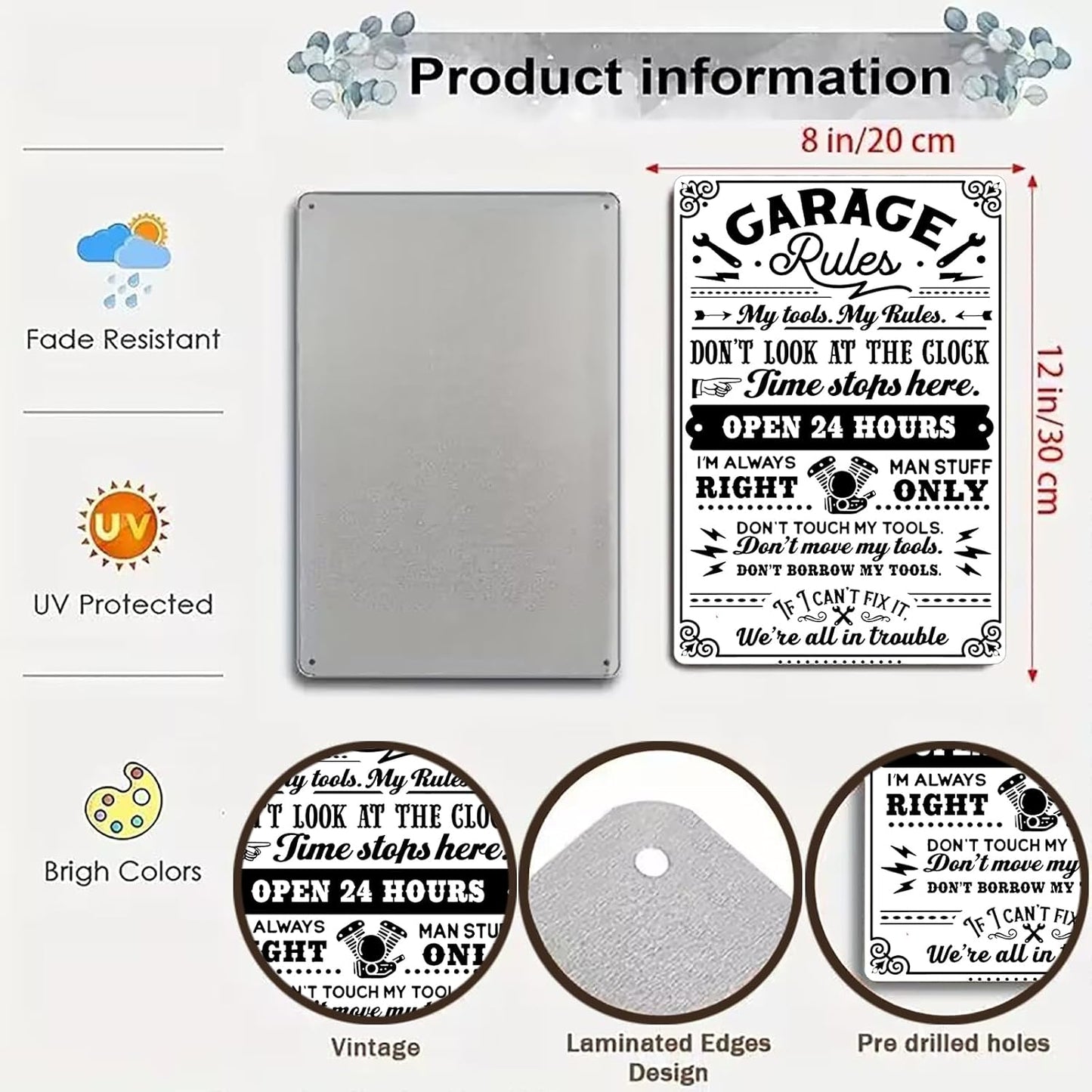 Gifts for Men Dad Husband Funny Garage Rules My Tools My Rules Tin Sign Vintage Metal Wall Art for Garage Workshop Man Cave Decor 8x12 Inch(3706)