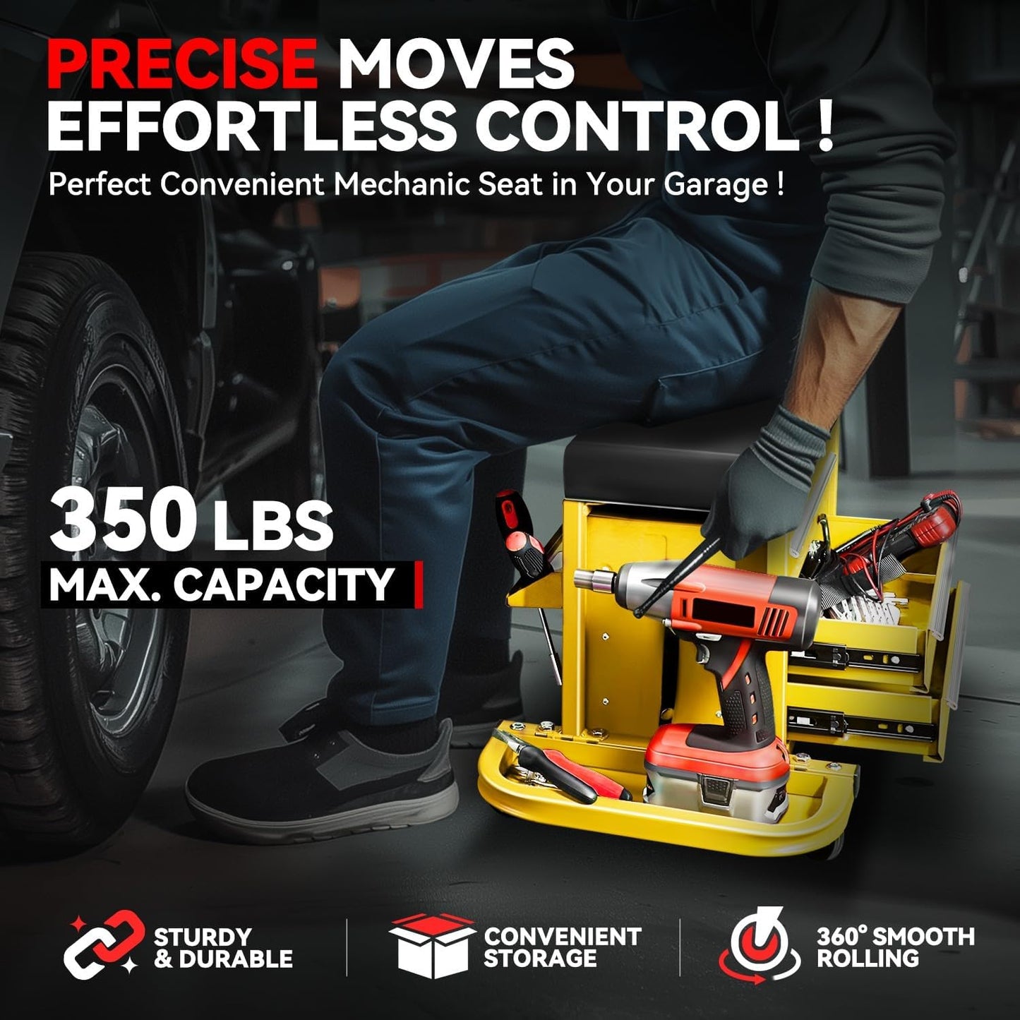 Auto Dynasty 3-Drawer Mechanic Rolling Seat, 350 LBS Capacity Roller Garage Shop Seat with Storage Tool Tray for Workshop, Repair Shop, Warehouse, Yellow