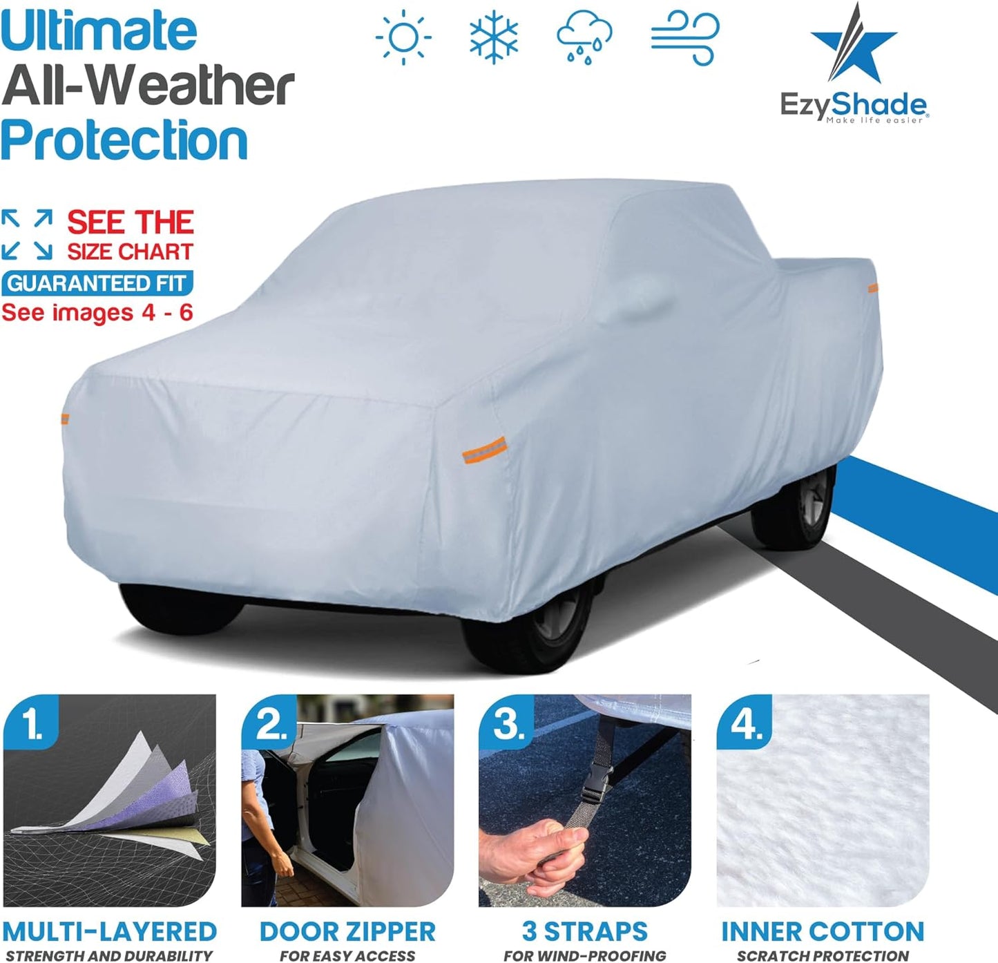EzyShade 10-Layer Truck Cover Waterproof All Weather. See Vehicle Size-Chart for Accurate Fit. Full Outdoor Pickup Truck Covers for Gladiator Dakota Frontier. Sun Wind Rain. Size T2 (See SizeChart)