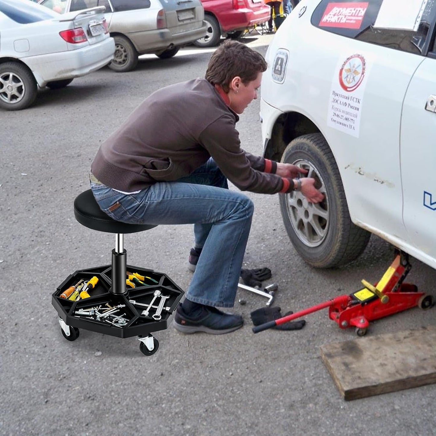 Adjustable Mechanic Rolling Stool, Pneumatic Rolling Stool with Wheels, Tool Storage Tray & Padded Seat Cushion, Garage Stool Chairs Creeper Seat (Black)