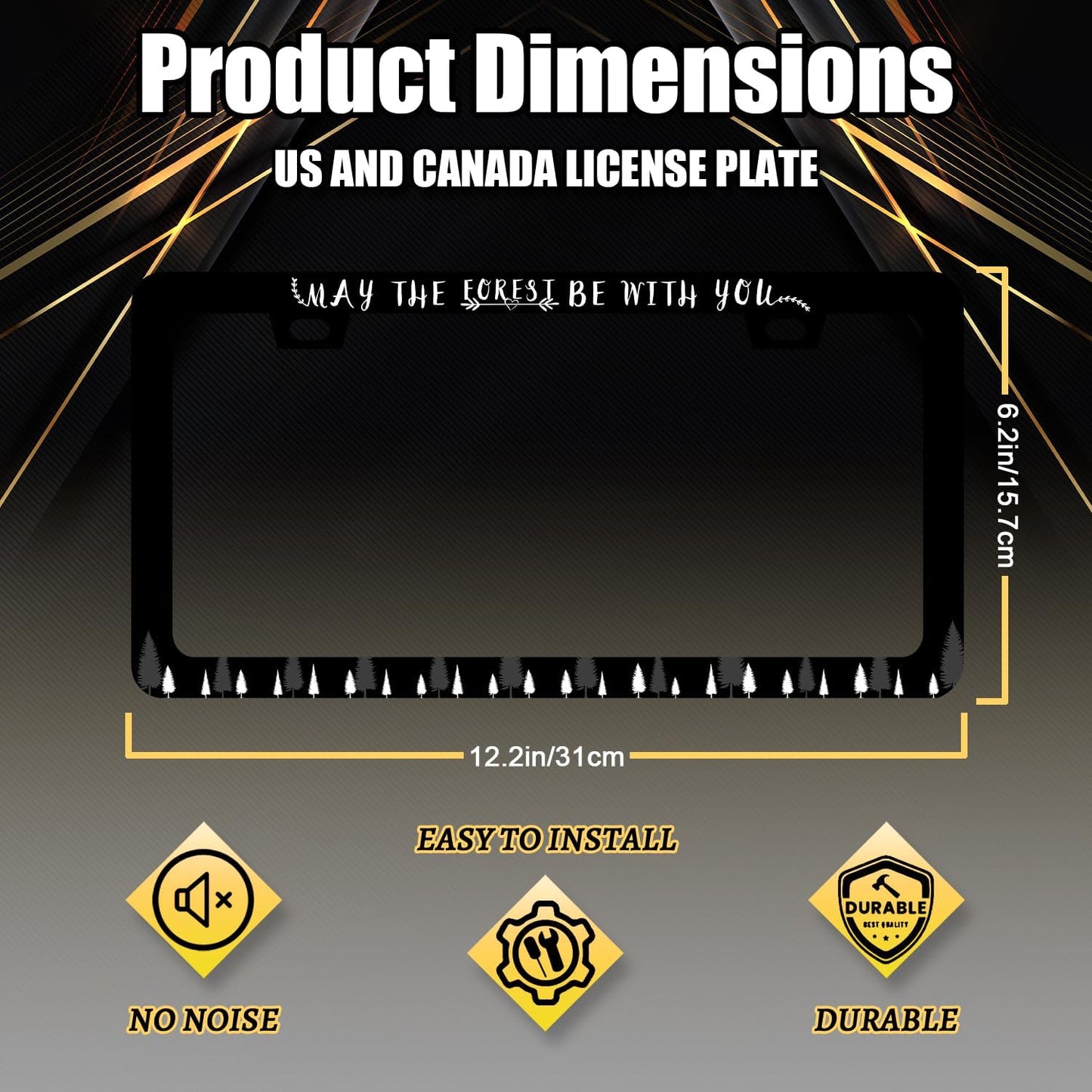 May The Forest Be with You License Plate Frame Funny Text License Plate Holder for Personalized Car Decorative Stainless Steel Forest License Plate Auto Part with Screws 12.2" x 6.2"