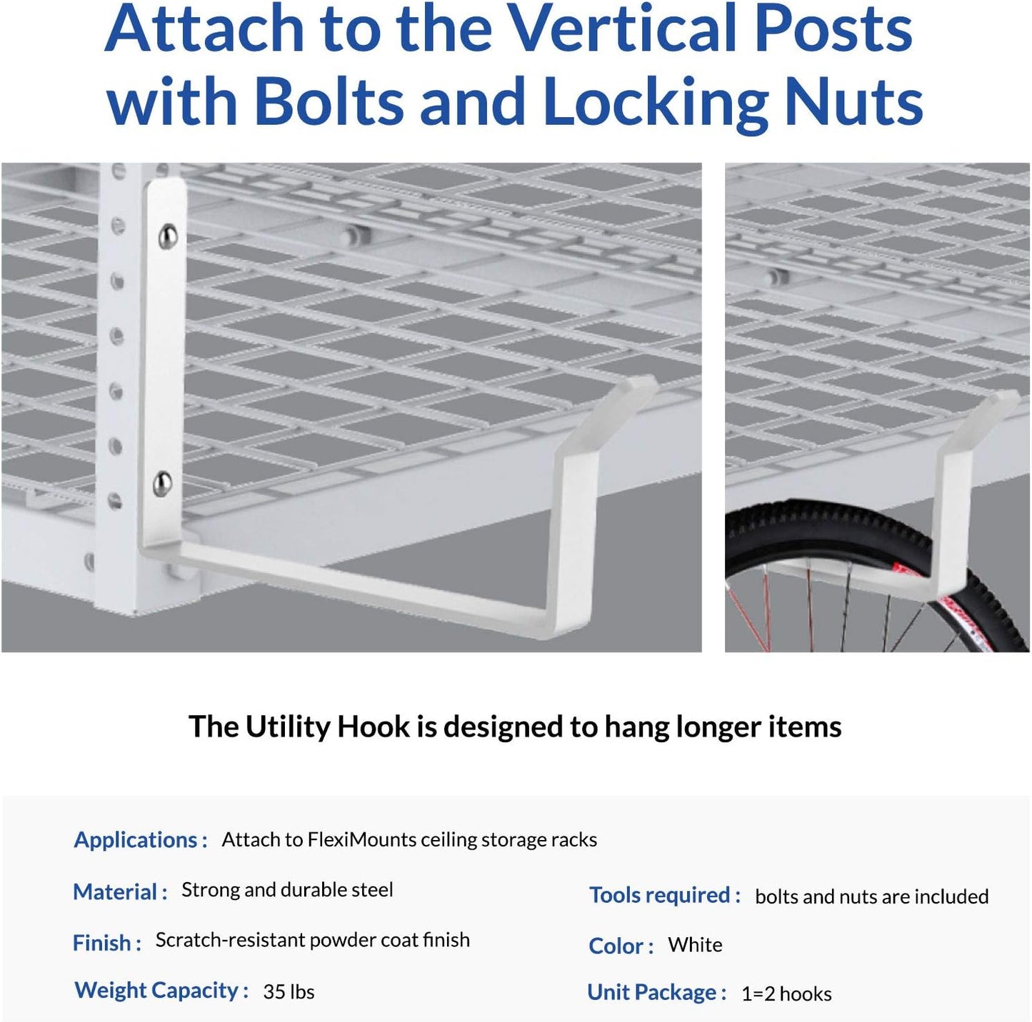 FLEXIMOUNTS 2 Pack Add On Storage Utility Hook Accessory for Garage Ceiling Rack, Max Weight Capacity up to 35lbs,White